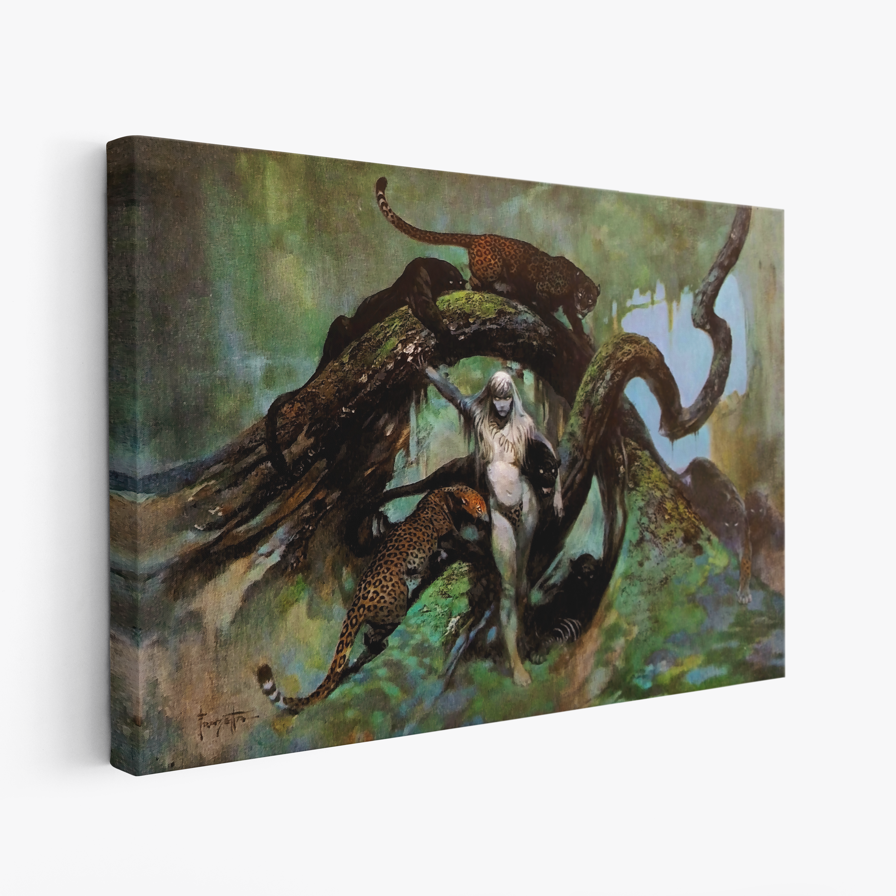 A canvas print of Frazetta’s Cat Girl hung on a white wall, showcasing the artwork with mirror-wrapped edges for a seamless, dimensional look.