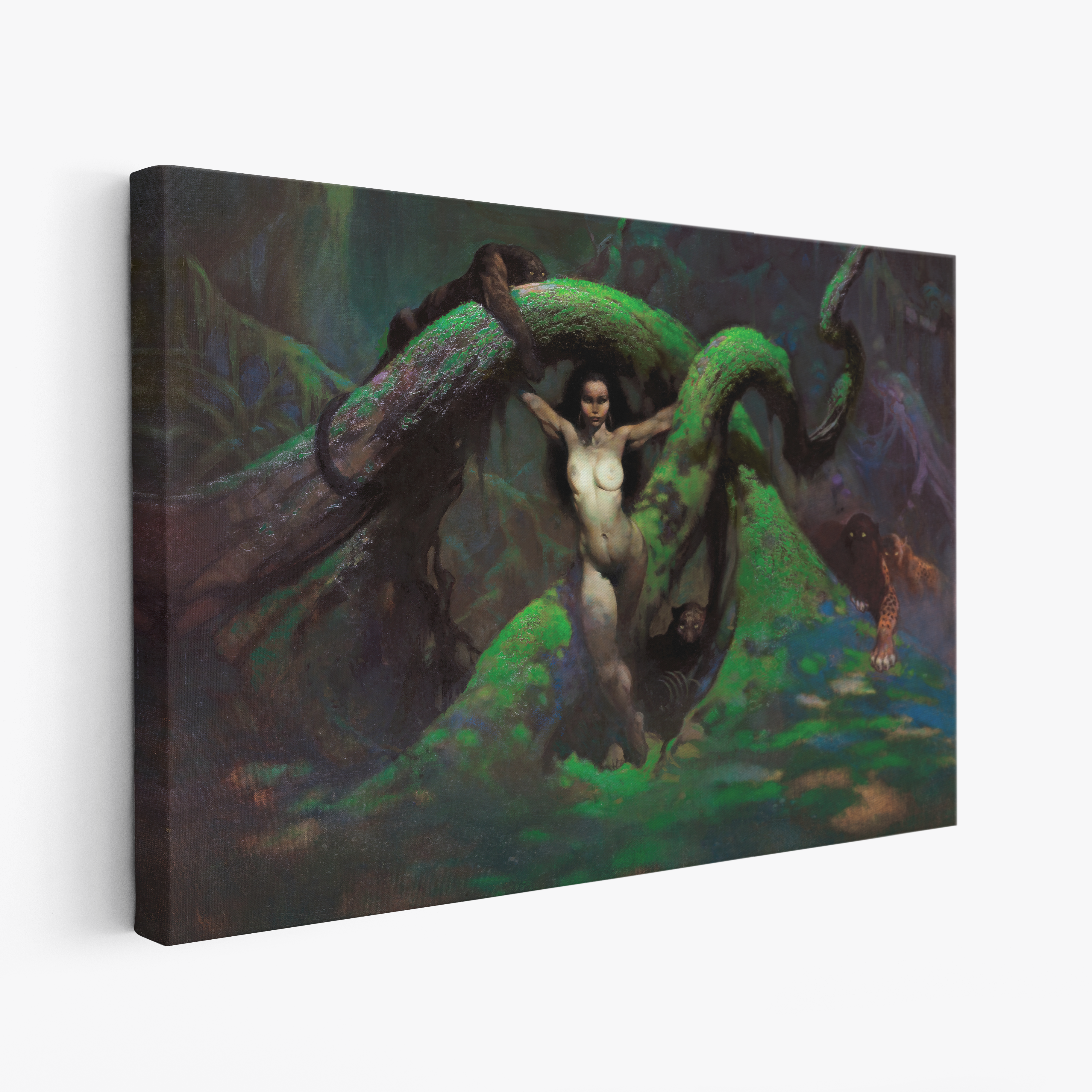 A canvas print of Frazetta’s Cat Girl Revised hung on a white wall, showcasing the artwork with mirror-wrapped edges for a seamless, dimensional look.
