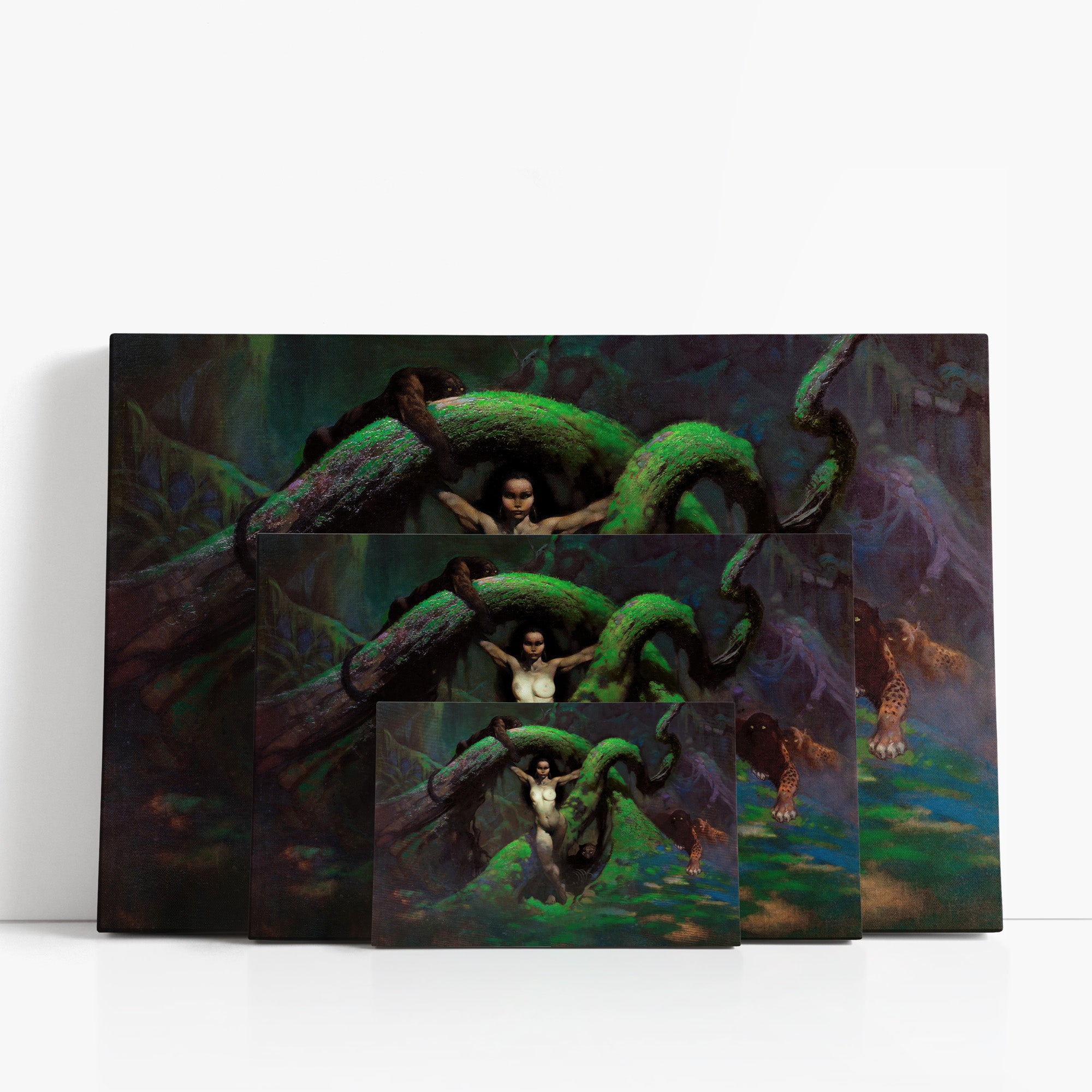 Three wrap-around canvas prints of Frazetta’s Cat Girl Revised in different sizes, showcasing the artwork with mirror-wrapped edges for a seamless, dimensional look.