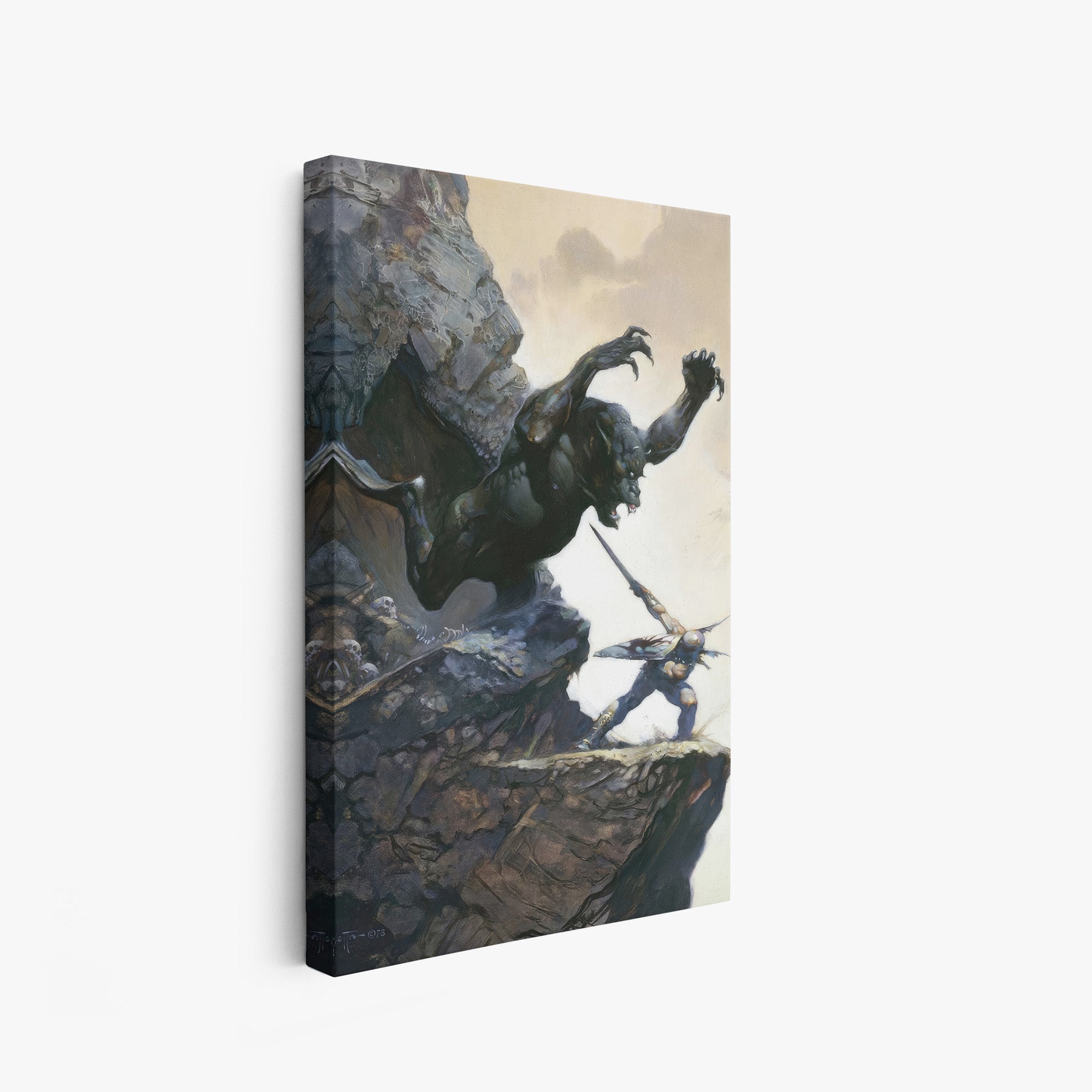 A canvas print of Frazetta’s Cave Demon hung on a white wall, showcasing the artwork with mirror-wrapped edges for a seamless, dimensional look.