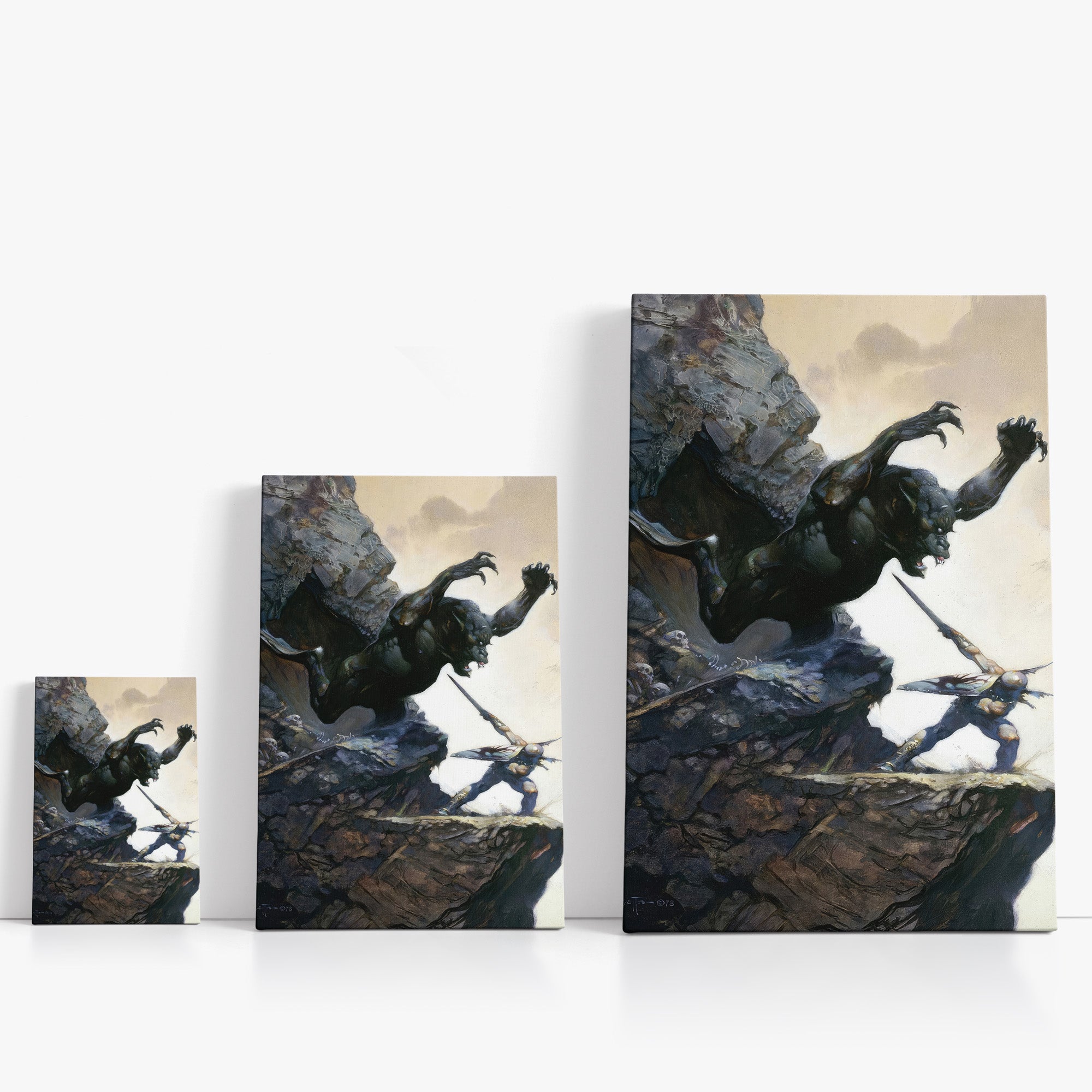Three wrap-around canvas prints of Frazetta’s Cave Demon in different sizes, showcasing the artwork with mirror-wrapped edges for a seamless, dimensional look.
