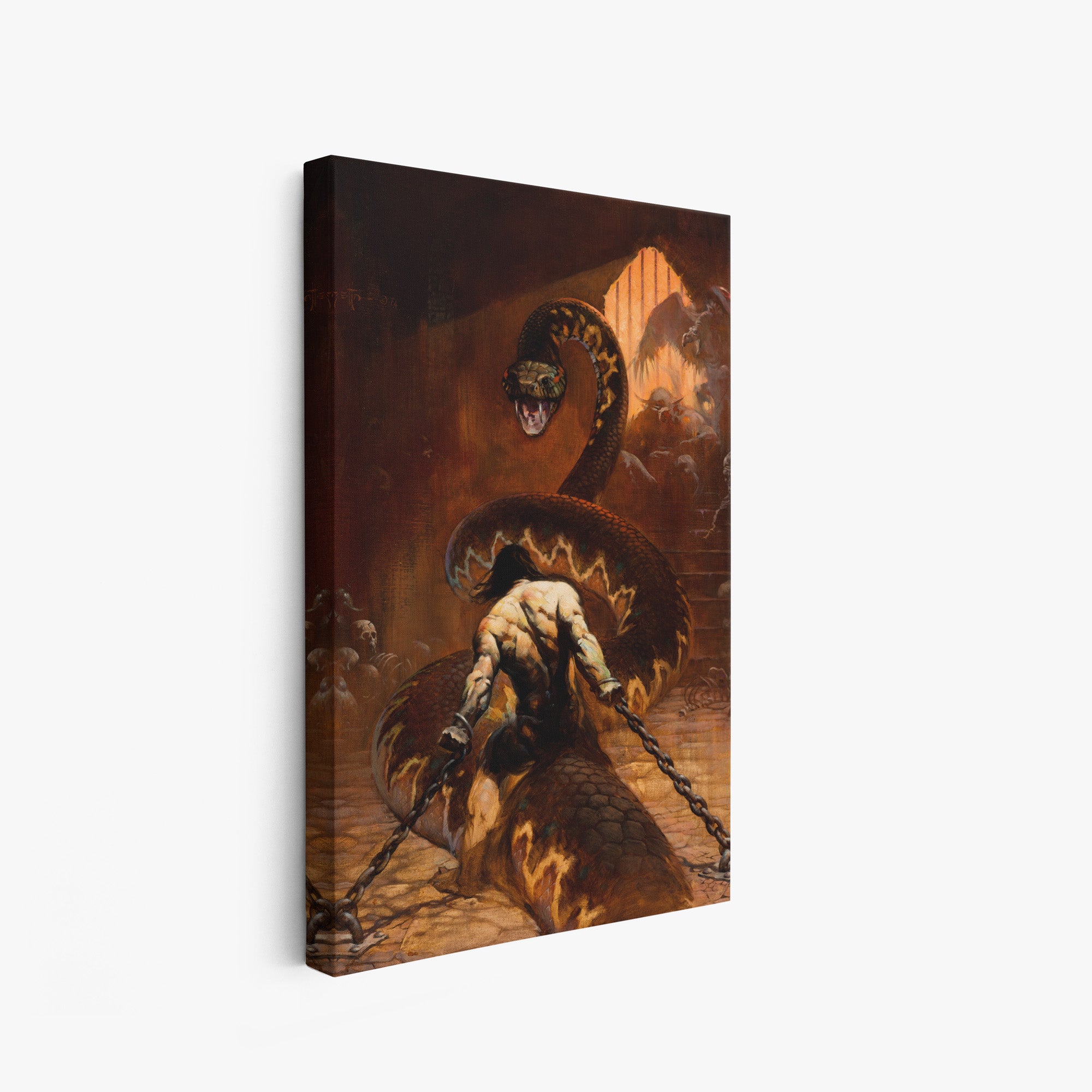 A canvas print of Frazetta’s Chained hung on a white wall, showcasing the artwork with mirror-wrapped edges for a seamless, dimensional look.