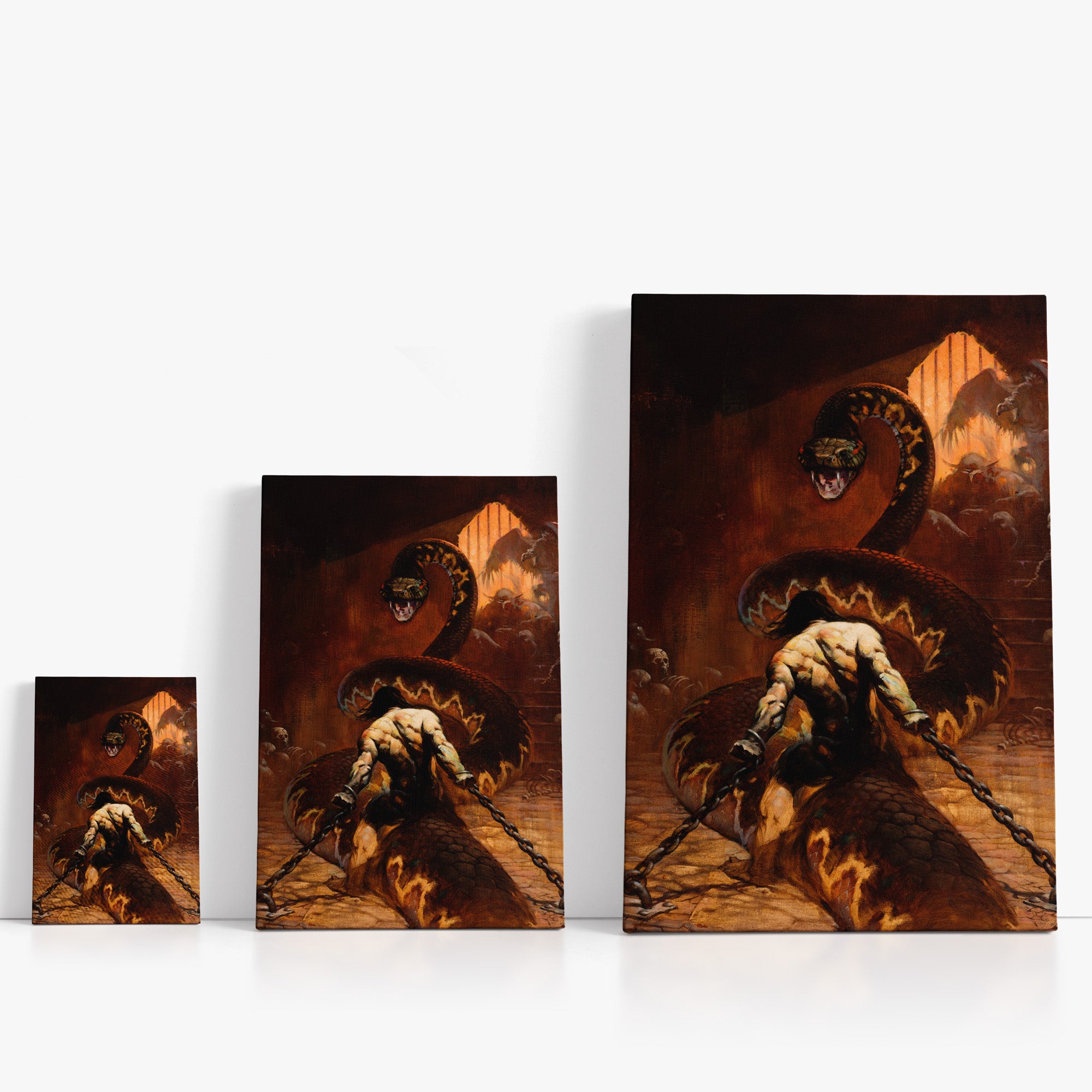 Three wrap-around canvas prints of Frazetta’s Chained in different sizes, showcasing the artwork with mirror-wrapped edges for a seamless, dimensional look.