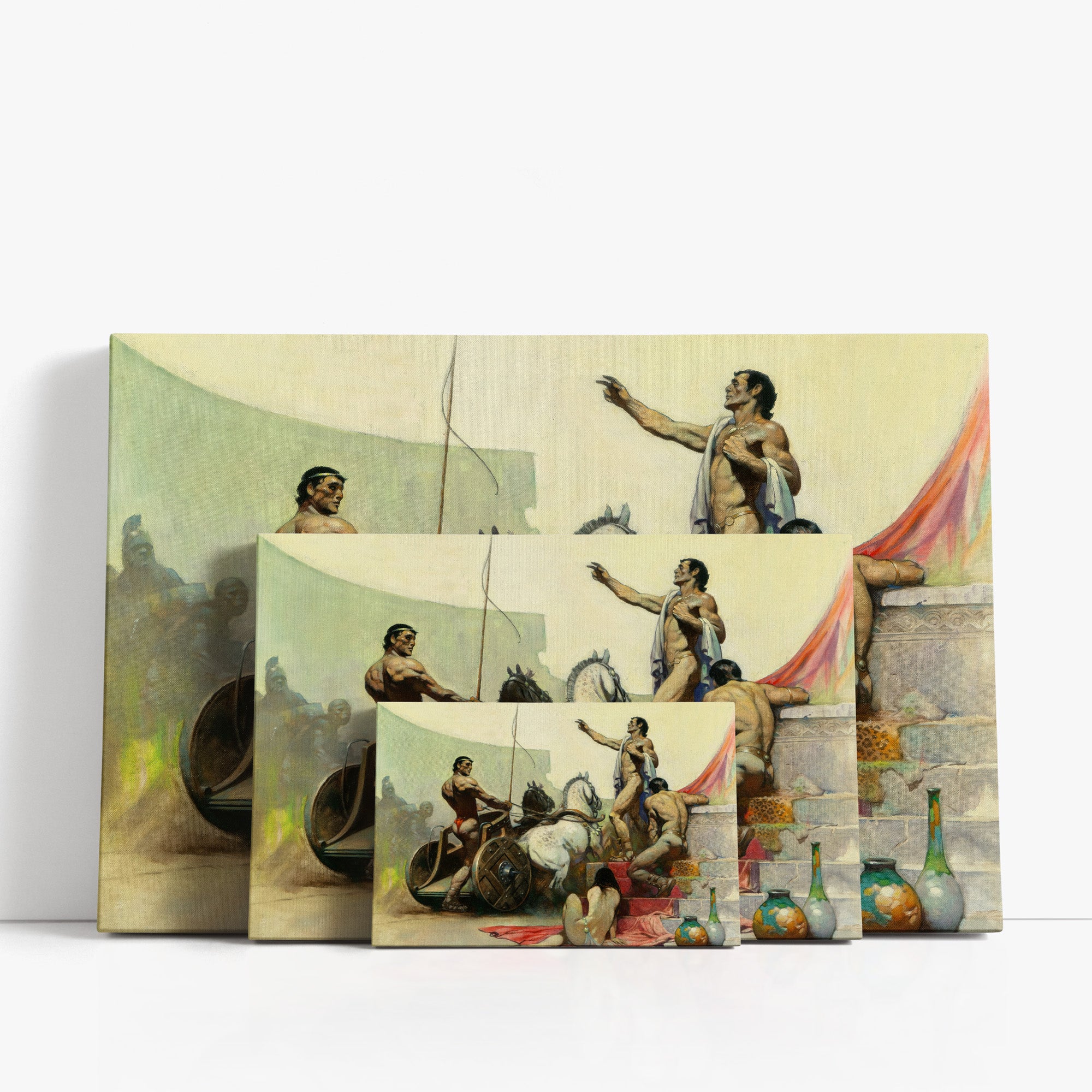 Three wrap-around canvas prints of Frazetta’s Child of the Sun in different sizes, showcasing the artwork with mirror-wrapped edges for a seamless, dimensional look.
