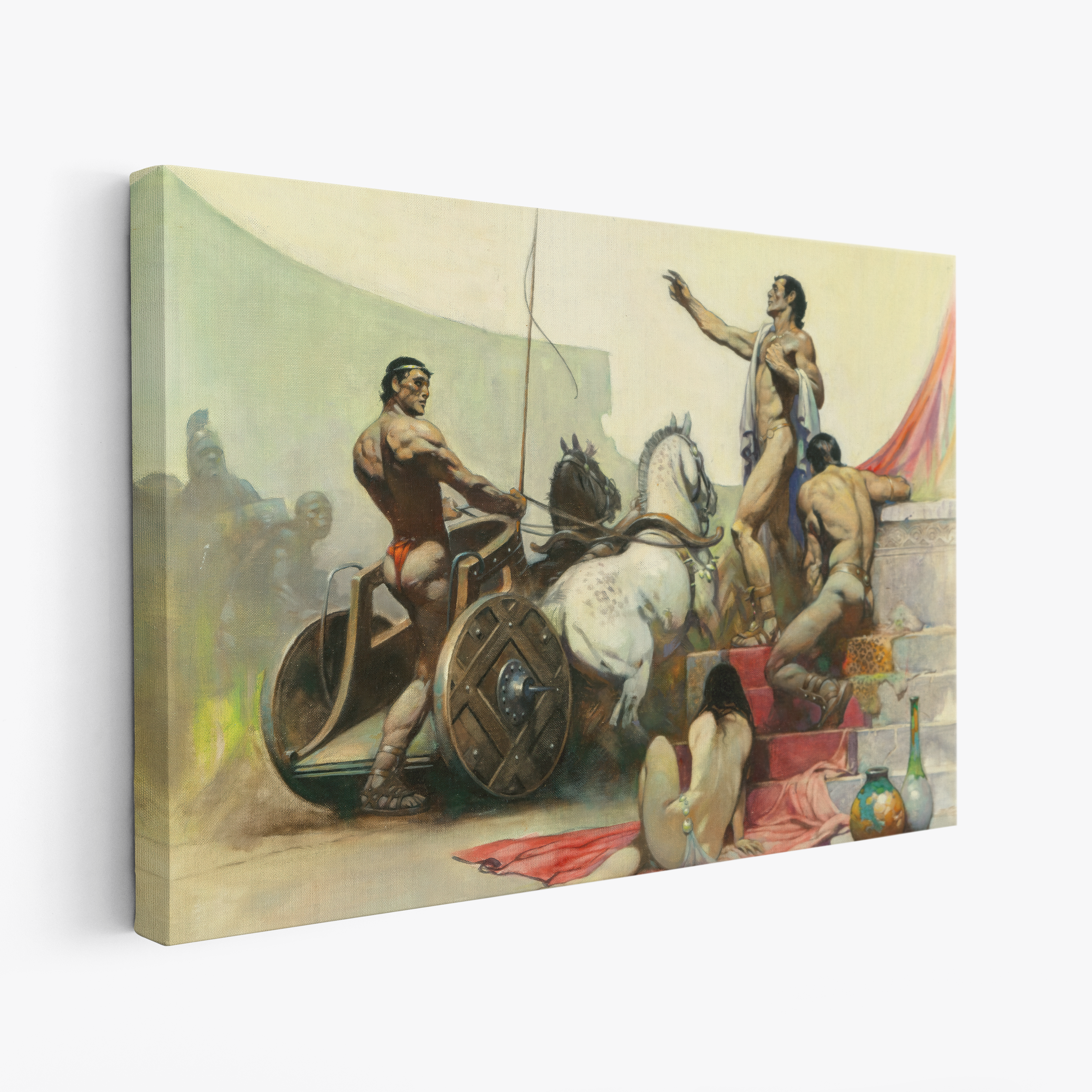 A canvas print of Frazetta’s Child of the Sun hung on a white wall, showcasing the artwork with mirror-wrapped edges for a seamless, dimensional look.