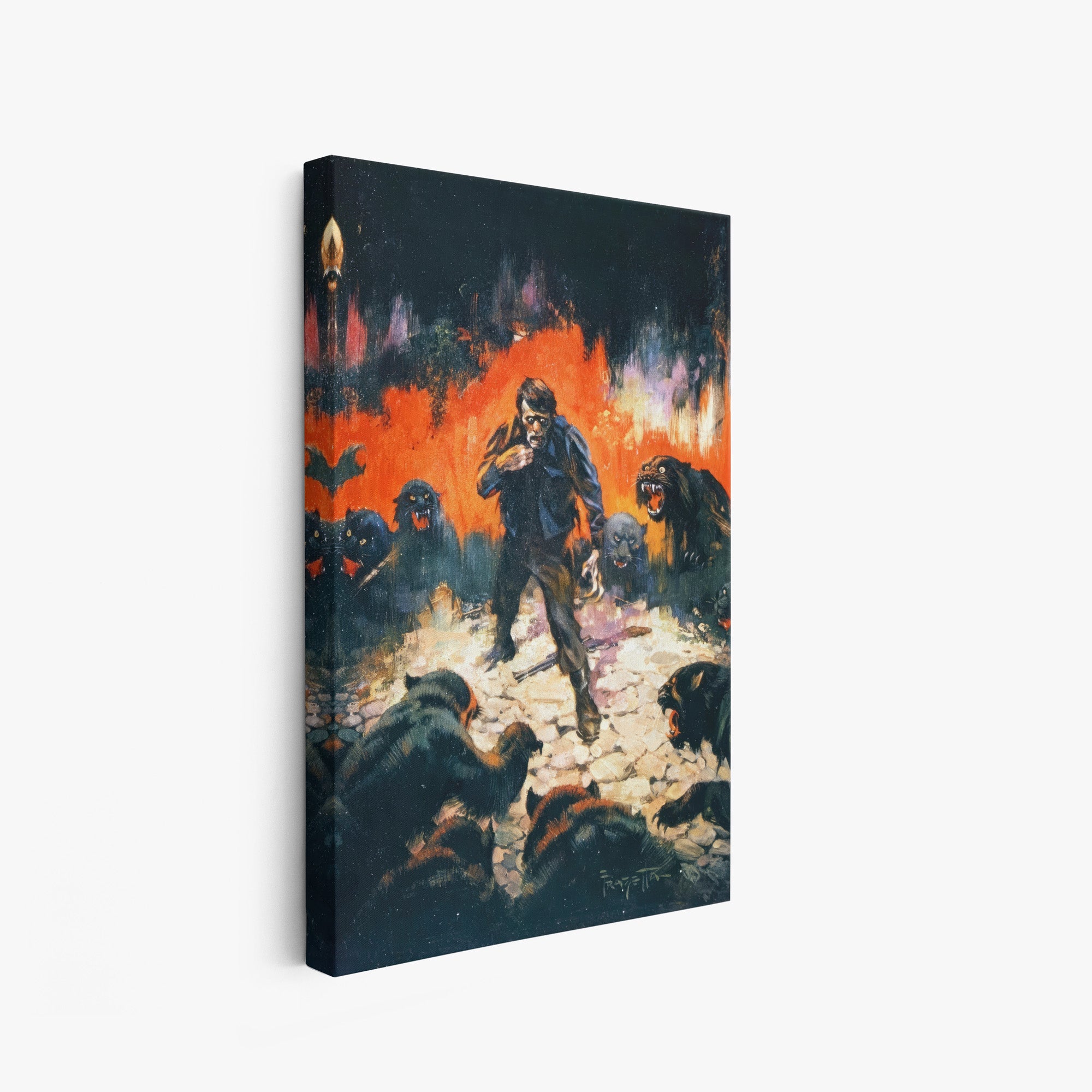 A canvas print of Frazetta’s Circle of Terror hung on a white wall, showcasing the artwork with mirror-wrapped edges for a seamless, dimensional look.