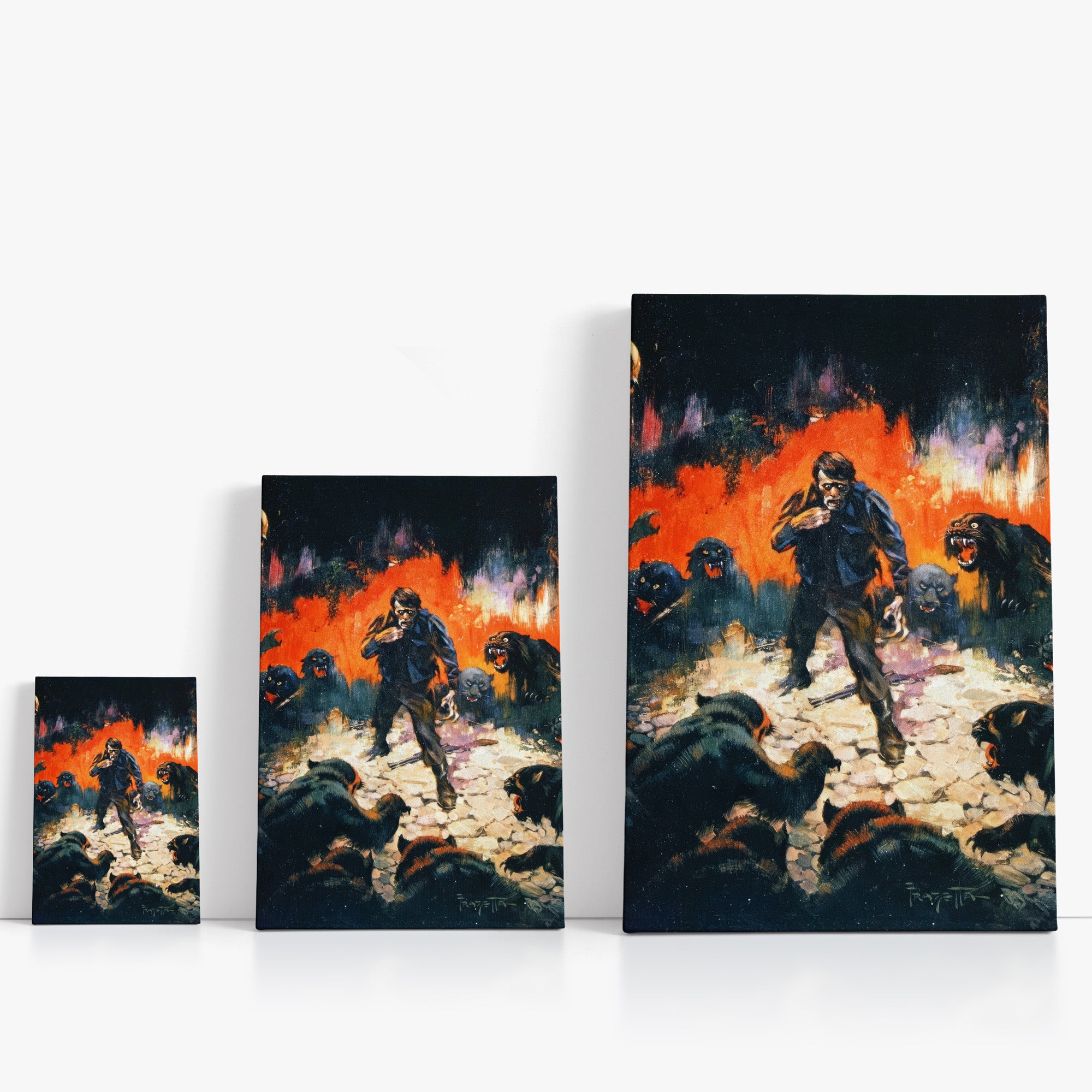 Three wrap-around canvas prints of Frazetta’s Circle of Terror in different sizes, showcasing the artwork with mirror-wrapped edges for a seamless, dimensional look.
