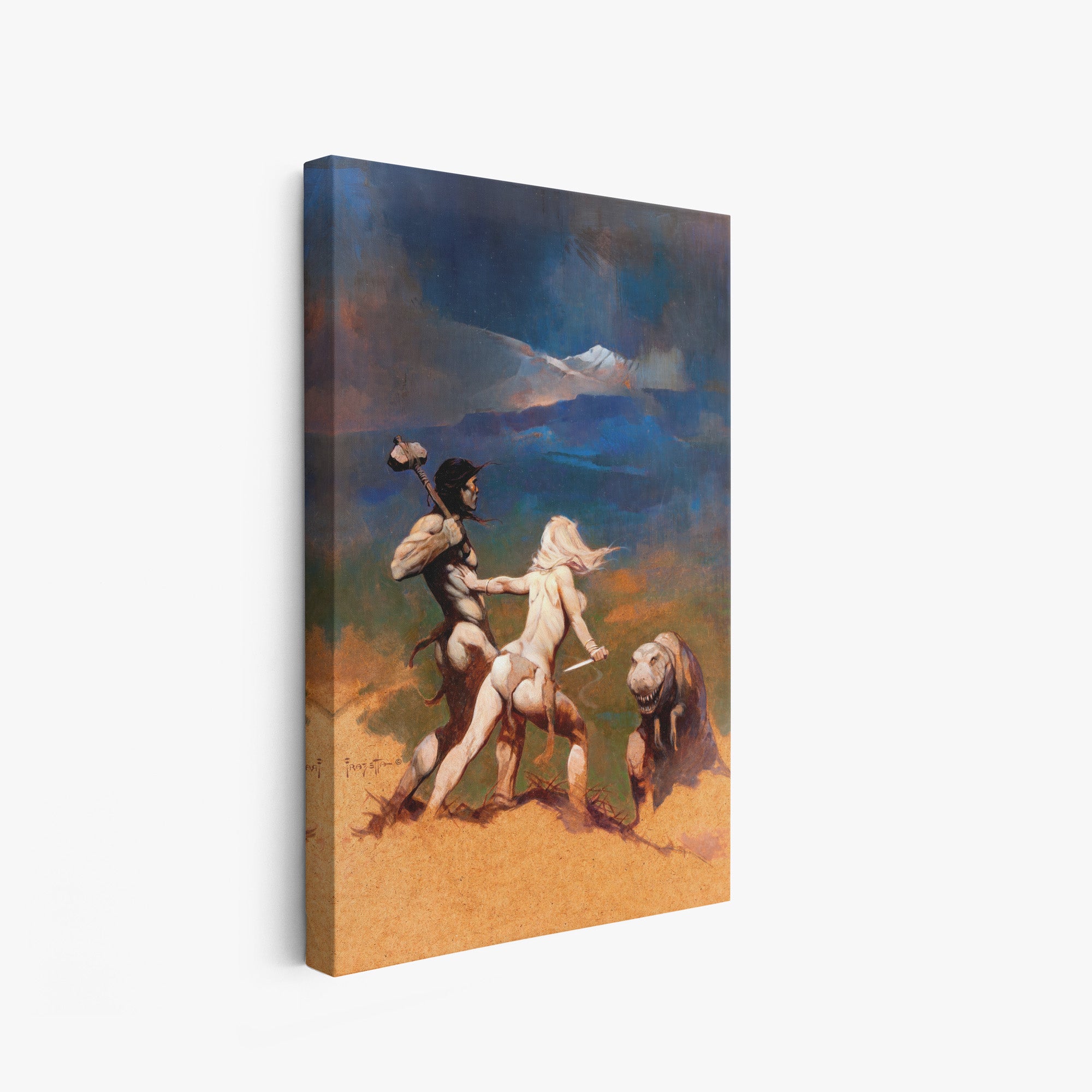 A canvas print of Frazetta’s Cornered hung on a white wall, showcasing the artwork with mirror-wrapped edges for a seamless, dimensional look.
