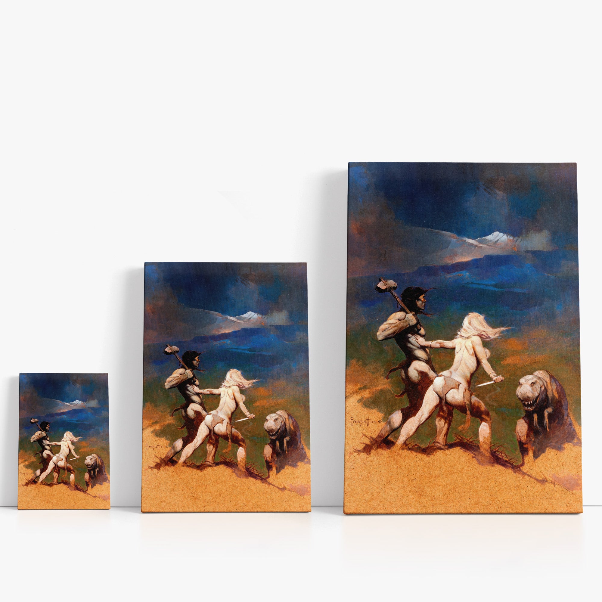 Three wrap-around canvas prints of Frazetta’s Cornered in different sizes, showcasing the artwork with mirror-wrapped edges for a seamless, dimensional look.