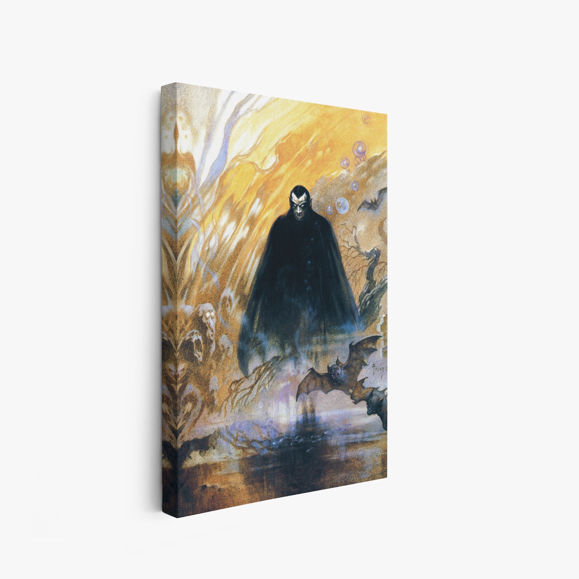A canvas print of Frazetta’s Count Dracula hung on a white wall, showcasing the artwork with mirror-wrapped edges for a seamless, dimensional look.