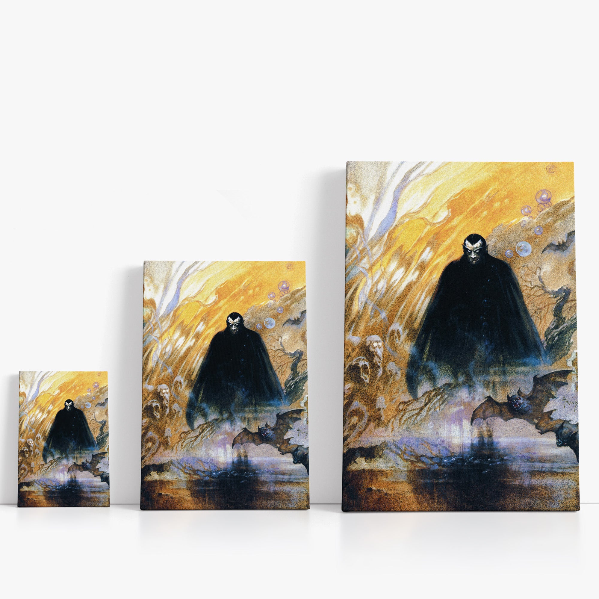 Three wrap-around canvas prints of Frazetta’s Count Dracula in different sizes, showcasing the artwork with mirror-wrapped edges for a seamless, dimensional look.