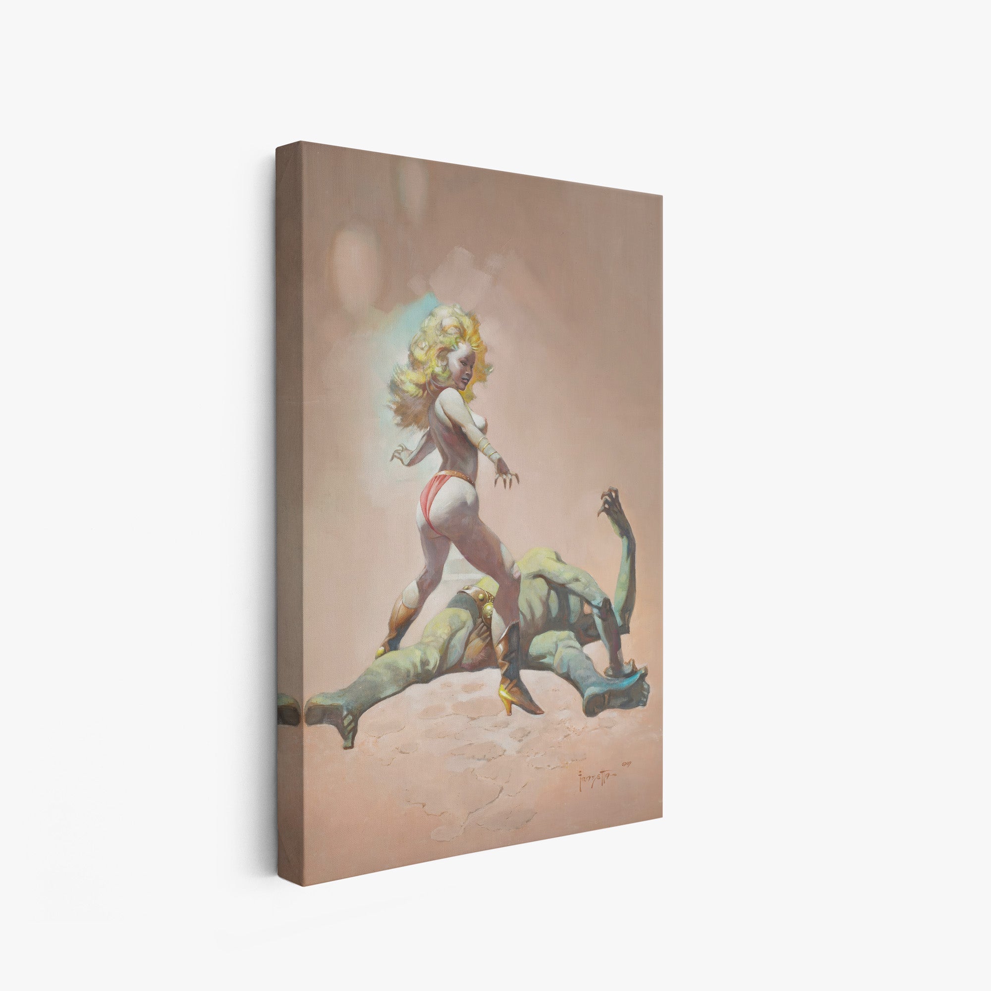 A canvas print of Frazetta’s Countess and the Green Man hung on a white wall, showcasing the artwork with mirror-wrapped edges for a seamless, dimensional look.