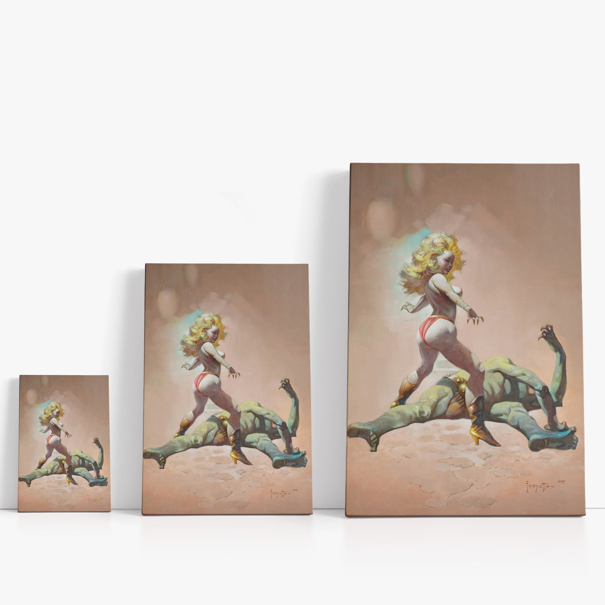 Three wrap-around canvas prints of Frazetta’s Countess and the Green Man in different sizes, showcasing the artwork with mirror-wrapped edges for a seamless, dimensional look.