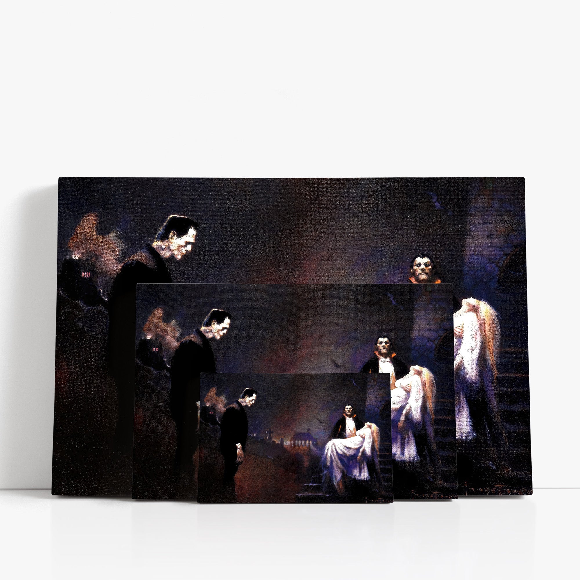 Three wrap-around canvas prints of Frazetta’s Creatures of the Night in different sizes, showcasing the artwork with mirror-wrapped edges for a seamless, dimensional look.