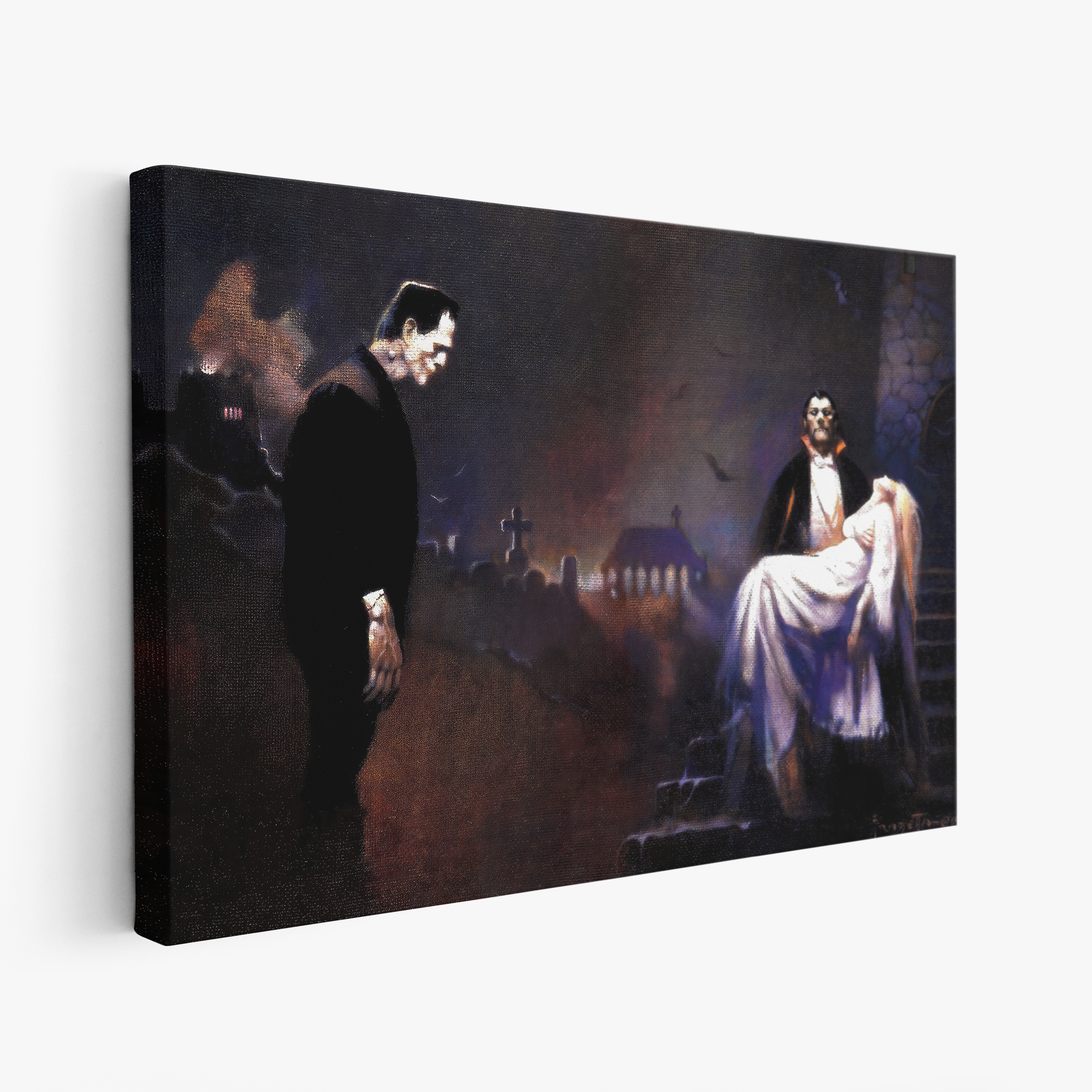A canvas print of Frazetta’s Creatures of the Night hung on a white wall, showcasing the artwork with mirror-wrapped edges for a seamless, dimensional look.
