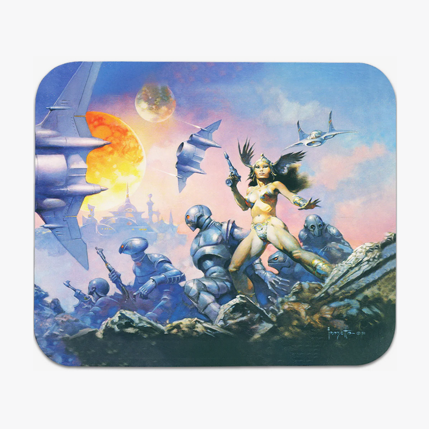 Frazetta’s Dawn Attack mousepad showcasing an epic battle scene at sunrise
