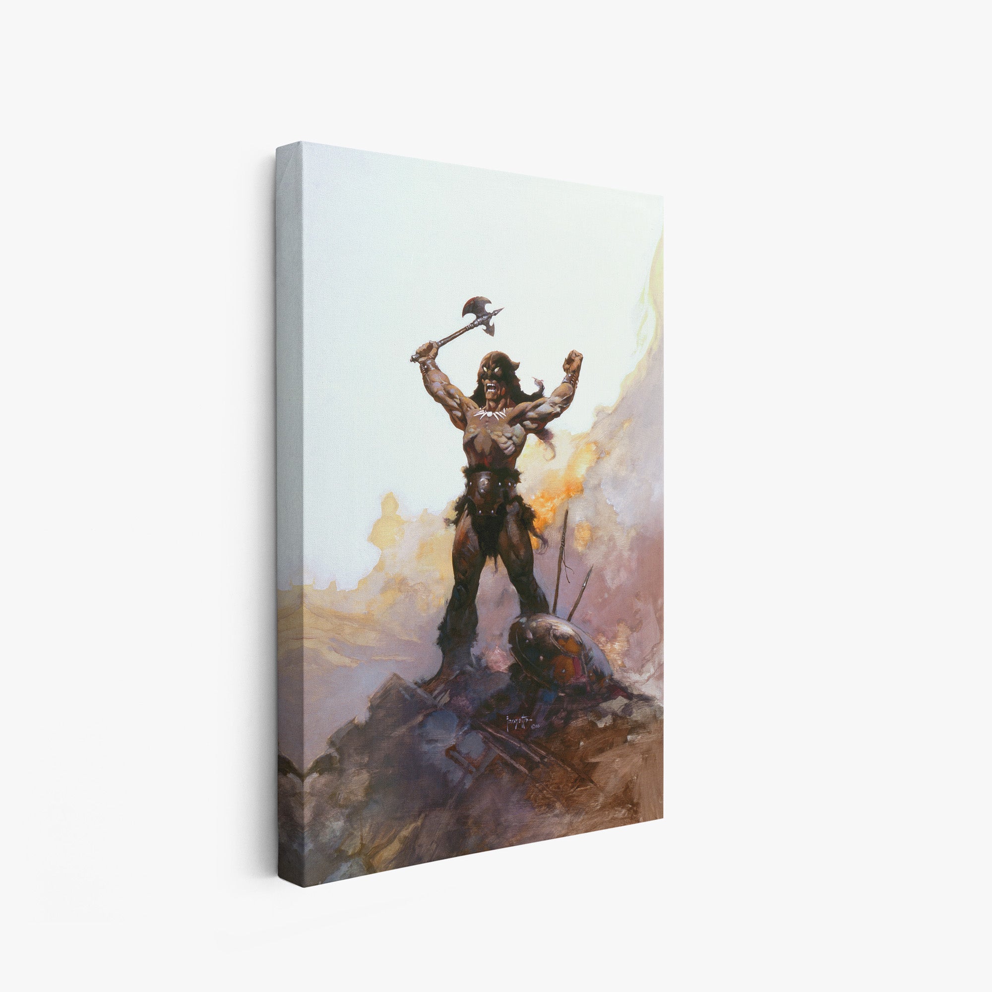A canvas print of Frazetta’s Days of Wrath hung on a white wall, showcasing the artwork with mirror-wrapped edges for a seamless, dimensional look.
