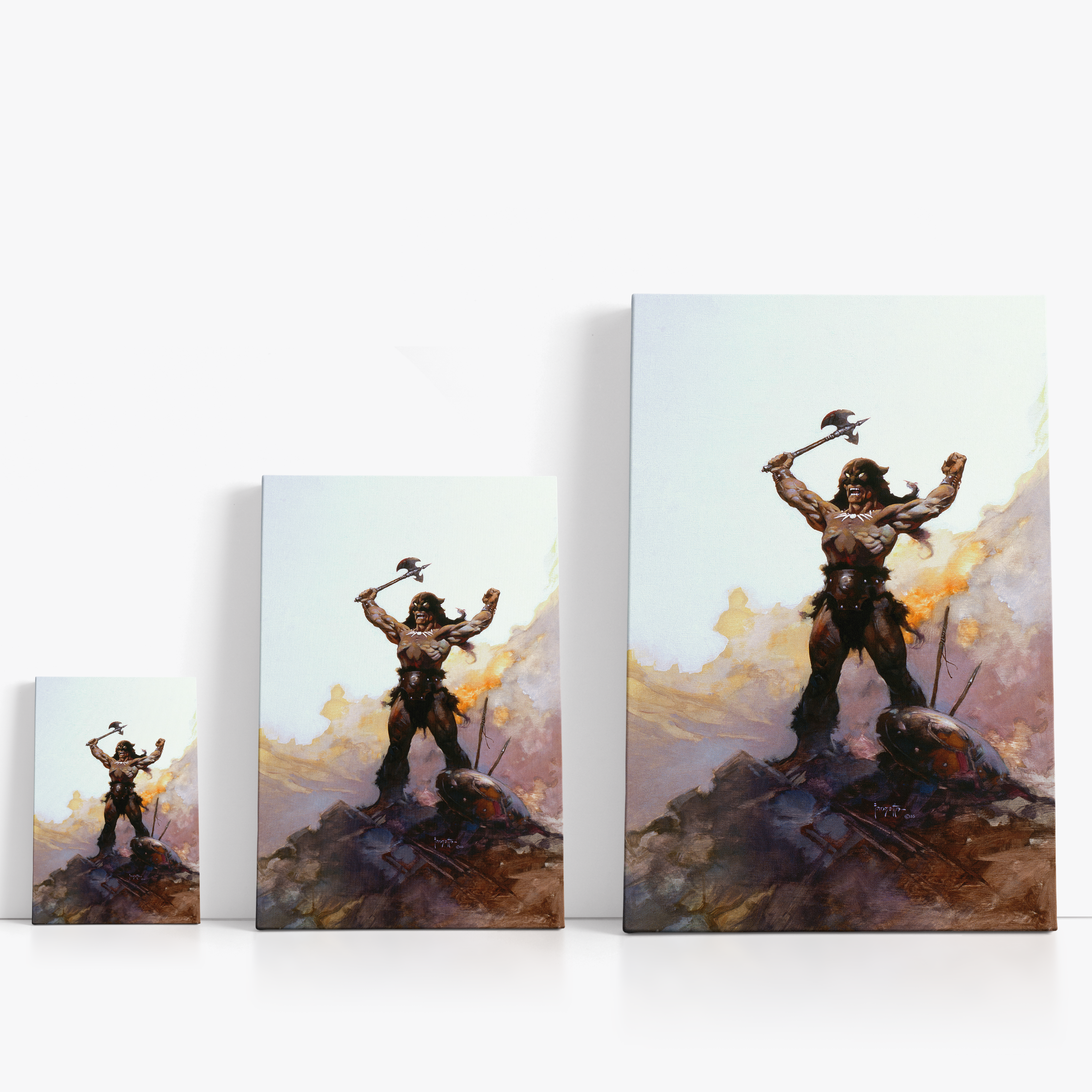 Three wrap-around canvas prints of Frazetta’s Days of Wrath in different sizes, showcasing the artwork with mirror-wrapped edges for a seamless, dimensional look.