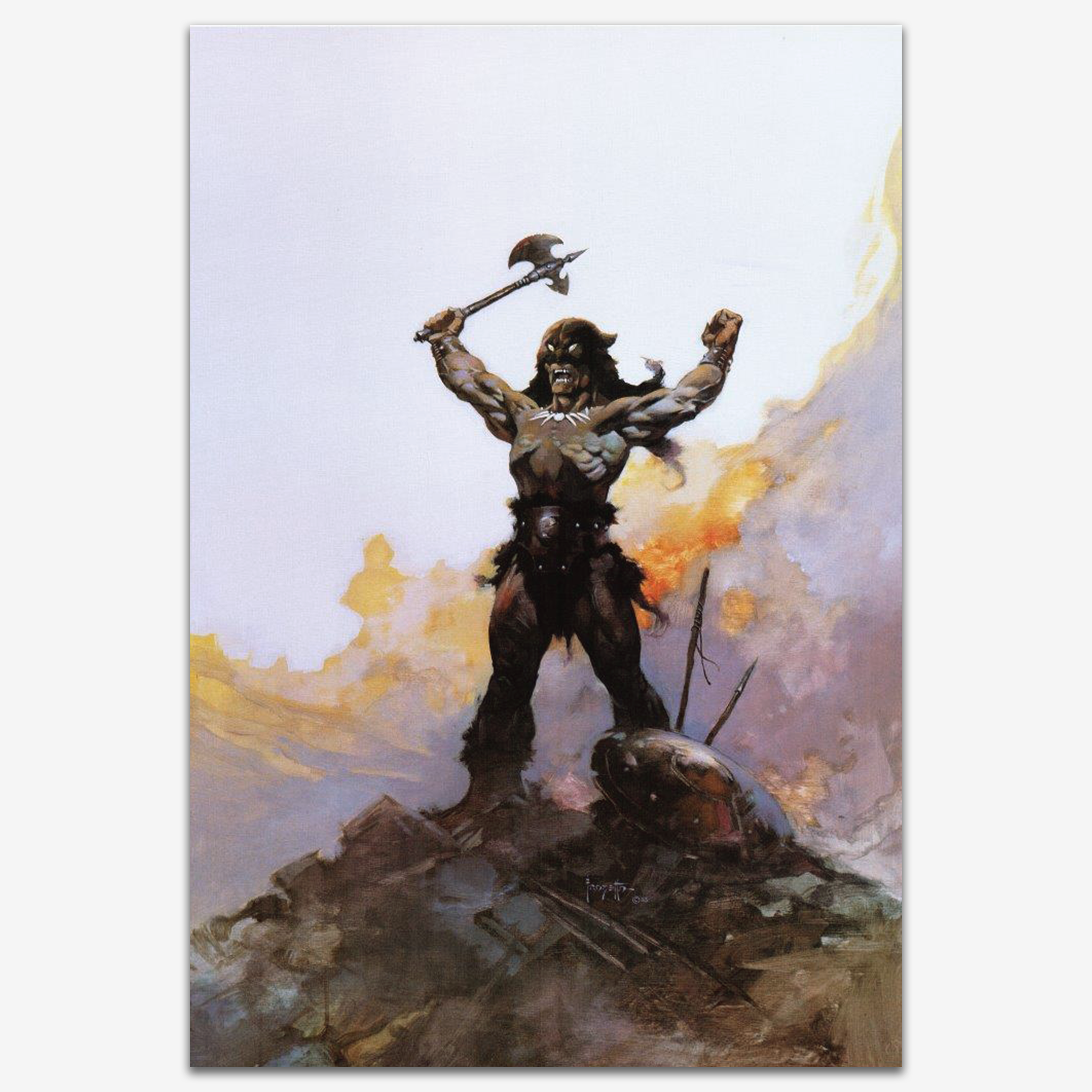 Vintage Print of Days of Wrath by Frank Frazetta, depicting a lone warrior standing triumphantly, with fires burning in the background.