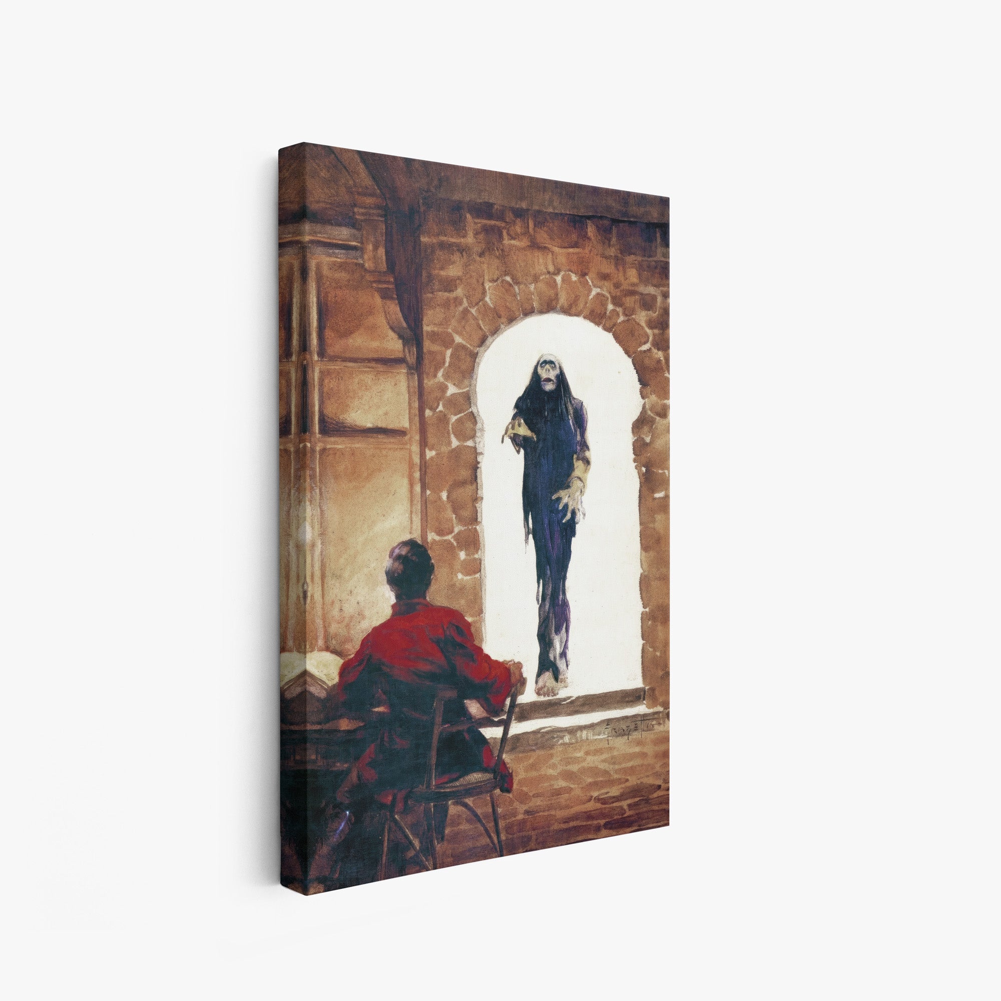 A canvas print of Frazetta’s Dead of Night hung on a white wall, showcasing the artwork with mirror-wrapped edges for a seamless, dimensional look.