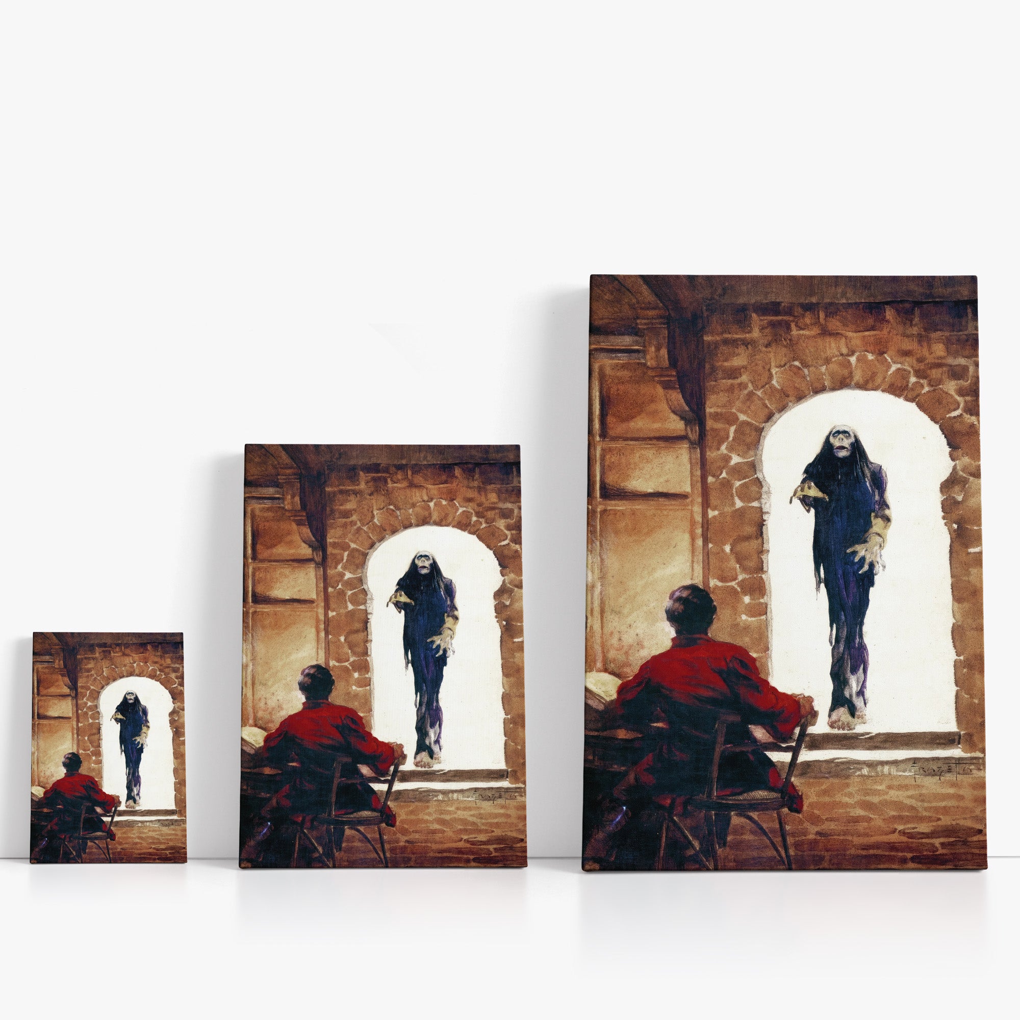 Three wrap-around canvas prints of Frazetta’s Dead of Night in different sizes, showcasing the artwork with mirror-wrapped edges for a seamless, dimensional look.