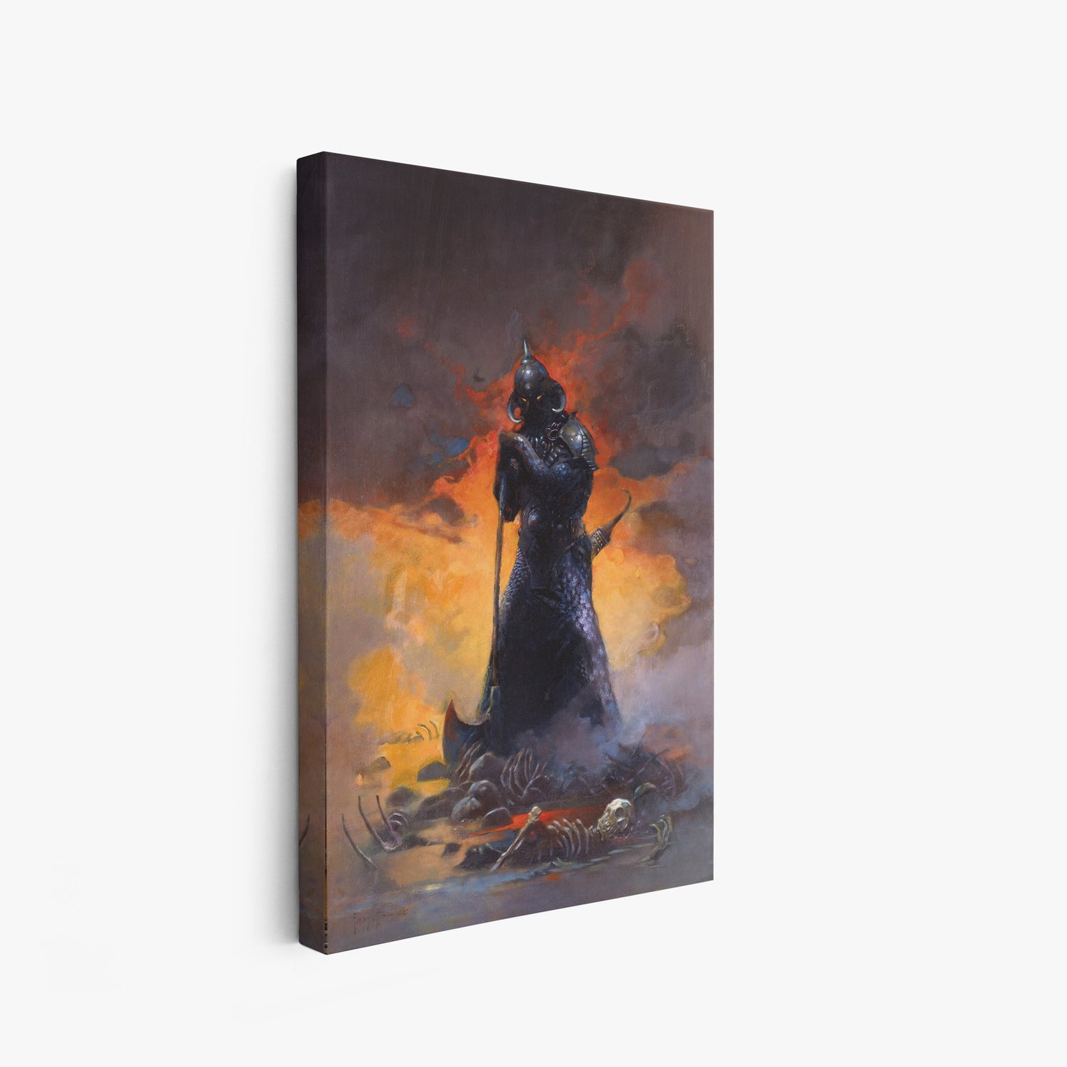 A canvas print of Frazetta’s Death Dealer III Revised hung on a white wall, showcasing the artwork with mirror-wrapped edges for a seamless, dimensional look.