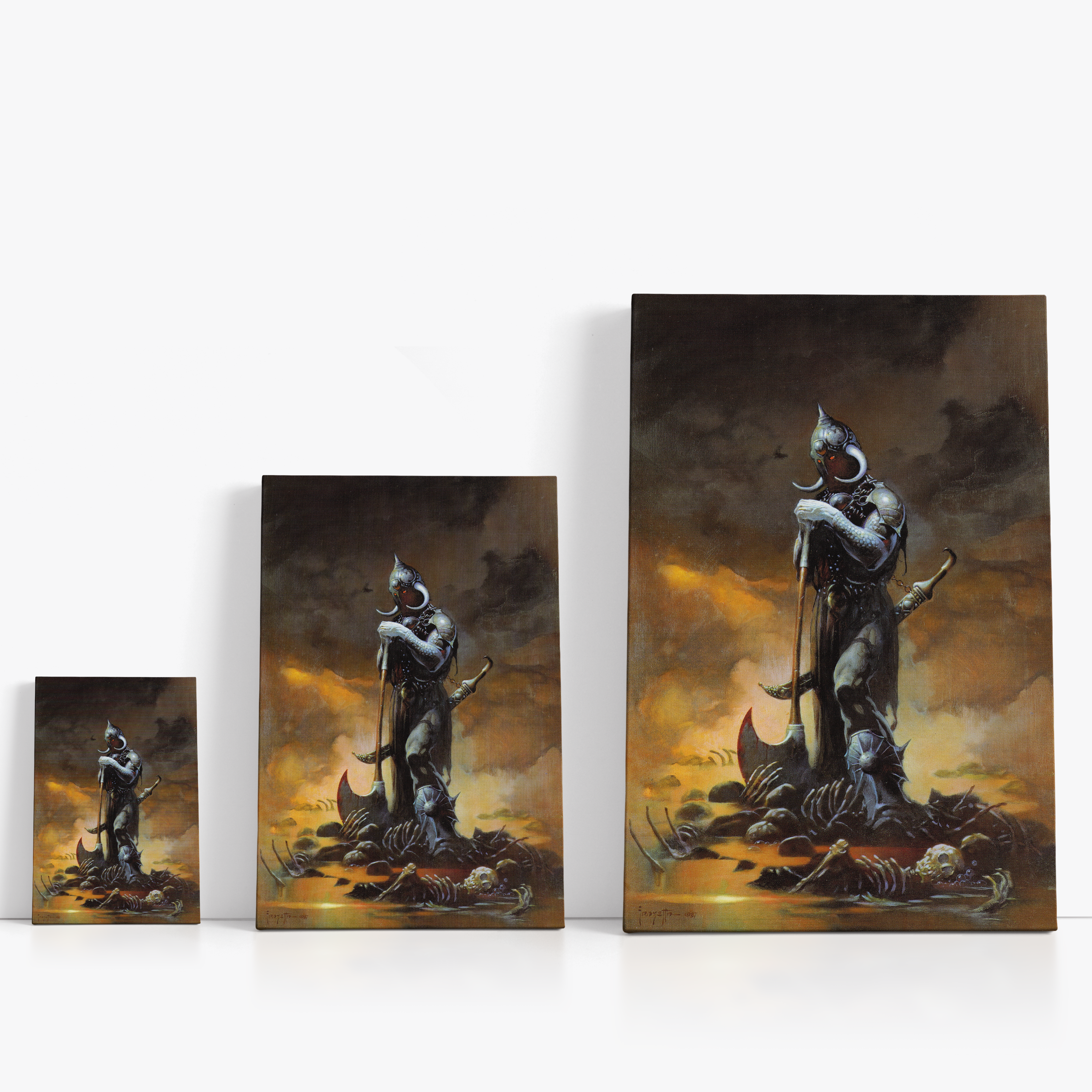 Three wrap-around canvas prints of Frazetta’s Death Dealer III in different sizes, showcasing the artwork with mirror-wrapped edges for a seamless, dimensional look.