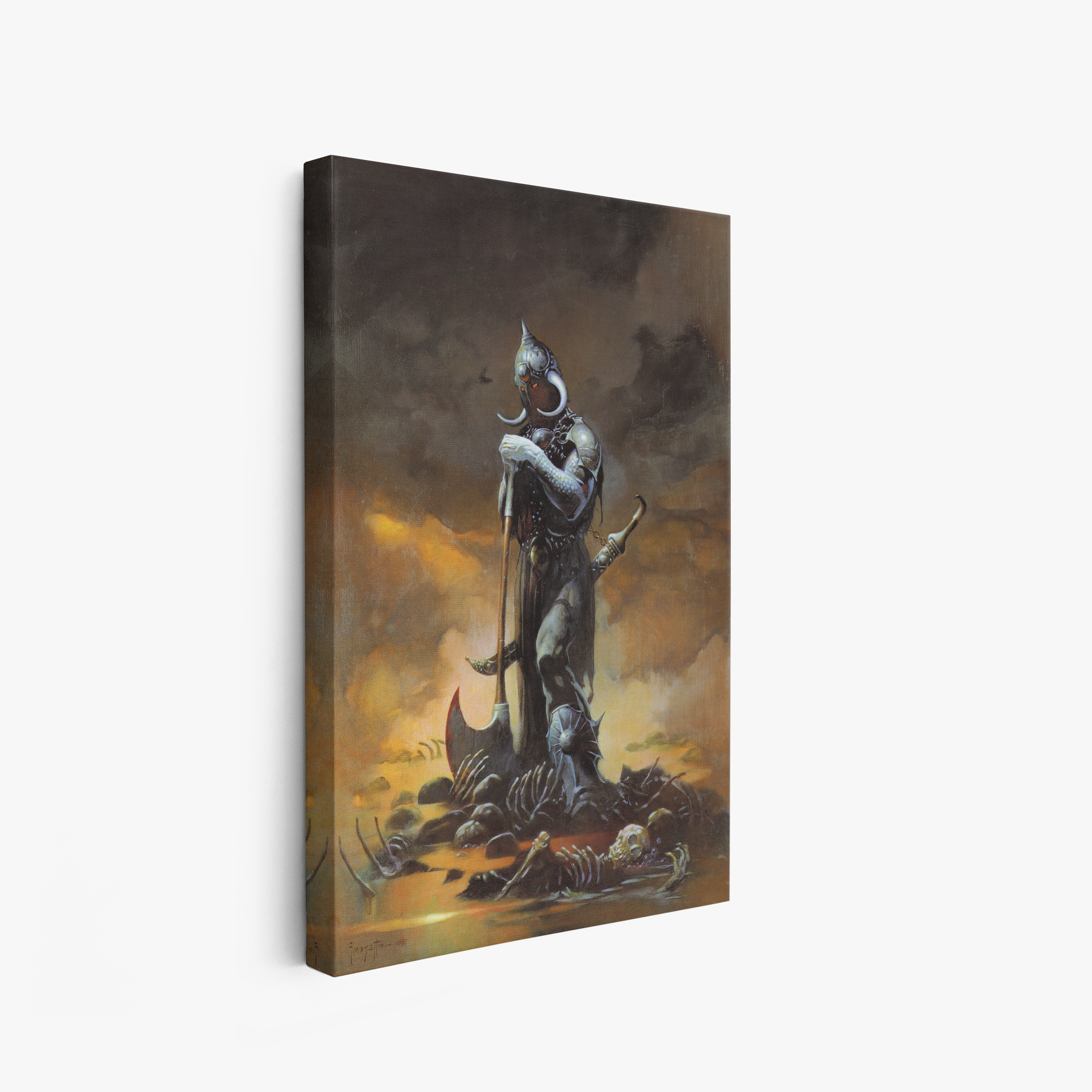 A canvas print of Frazetta’s Death Dealer III hung on a white wall, showcasing the artwork with mirror-wrapped edges for a seamless, dimensional look.