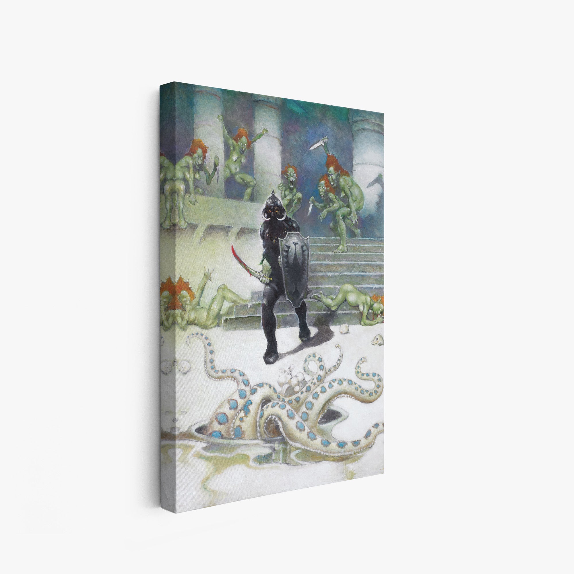 A canvas print of Frazetta’s Death Dealer VII hung on a white wall, showcasing the artwork with mirror-wrapped edges for a seamless, dimensional look.