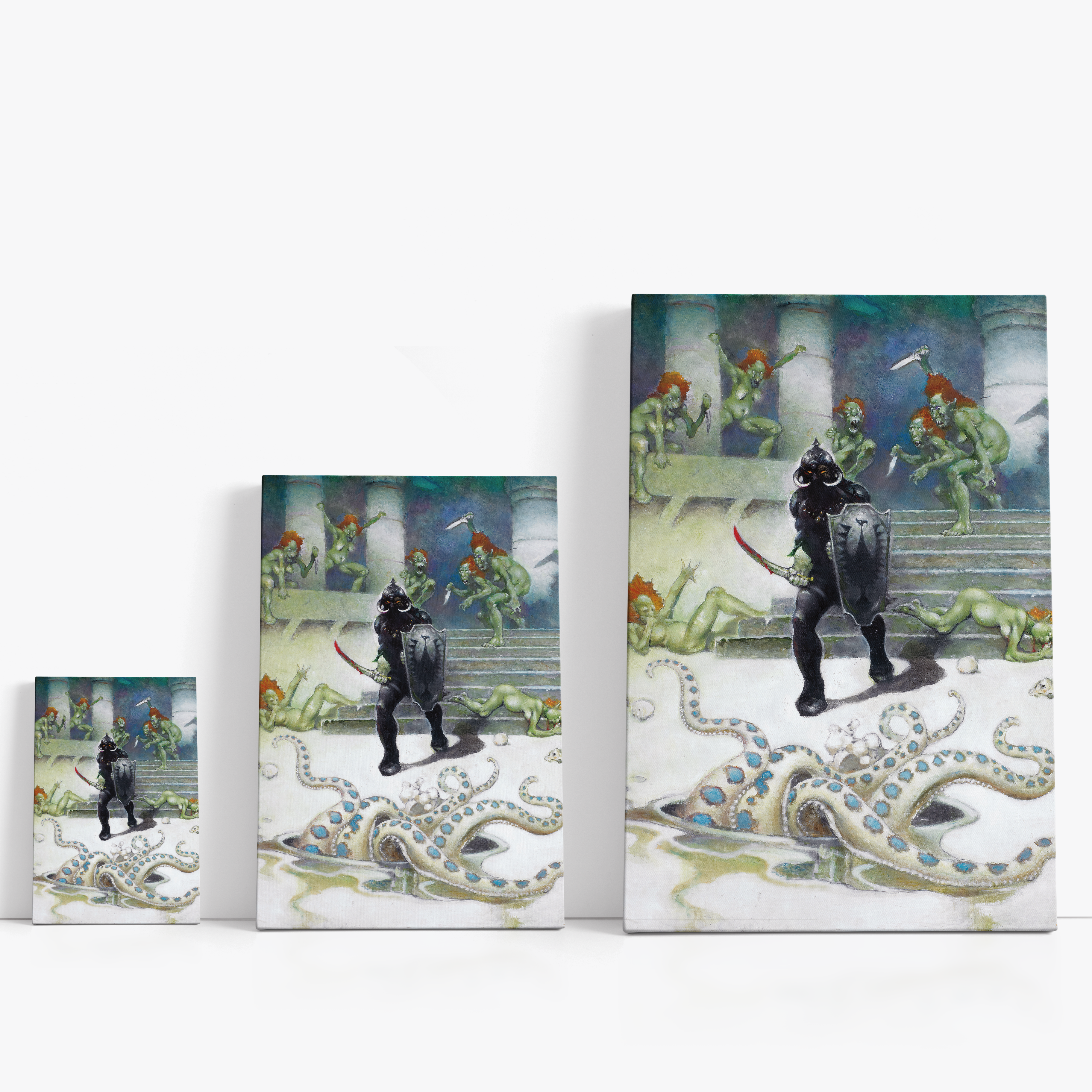 Three wrap-around canvas prints of Frazetta’s Death Dealer VII in different sizes, showcasing the artwork with mirror-wrapped edges for a seamless, dimensional look.