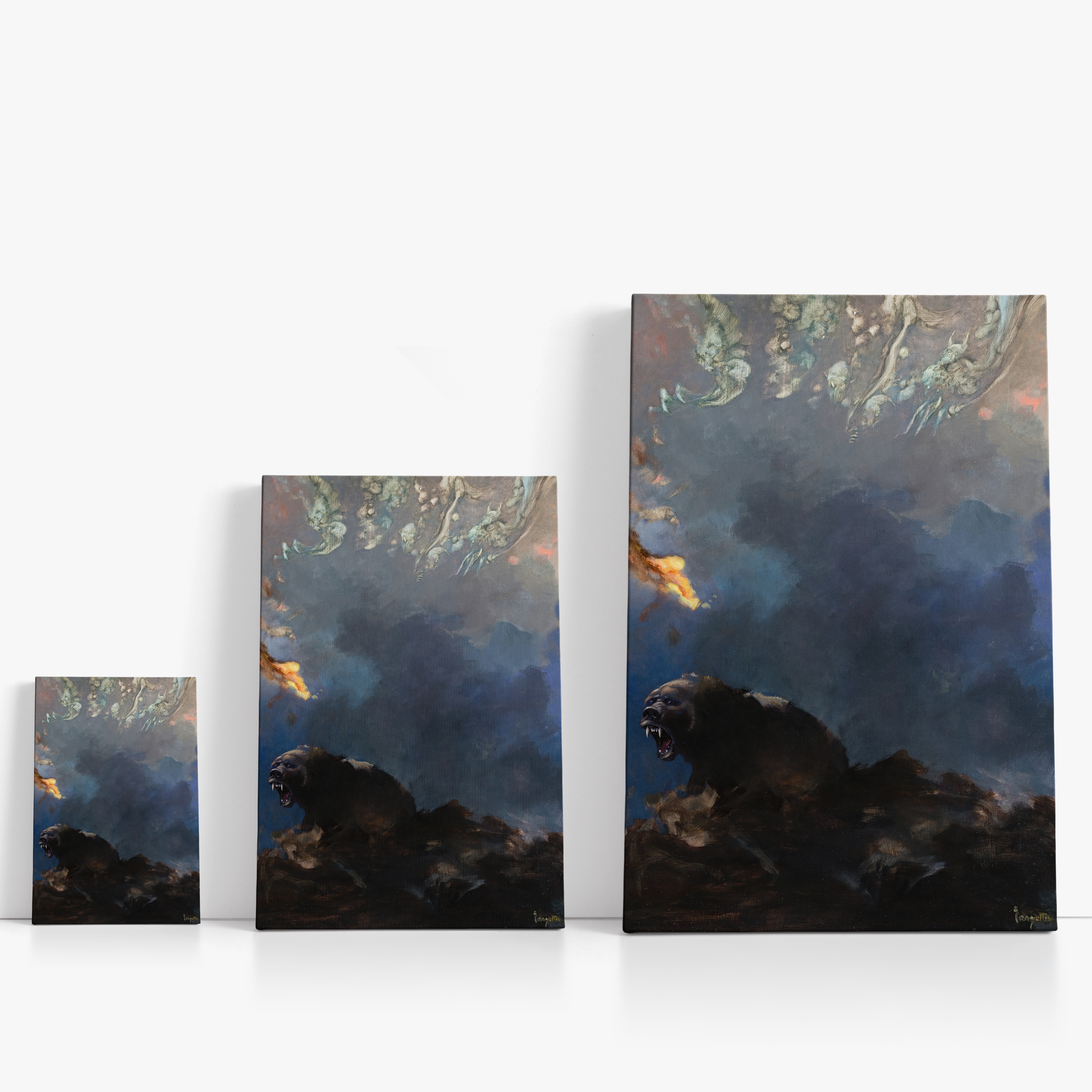 Three wrap-around canvas prints of Frazetta’s Demons and Bear in different sizes, showcasing the artwork with mirror-wrapped edges for a seamless, dimensional look.