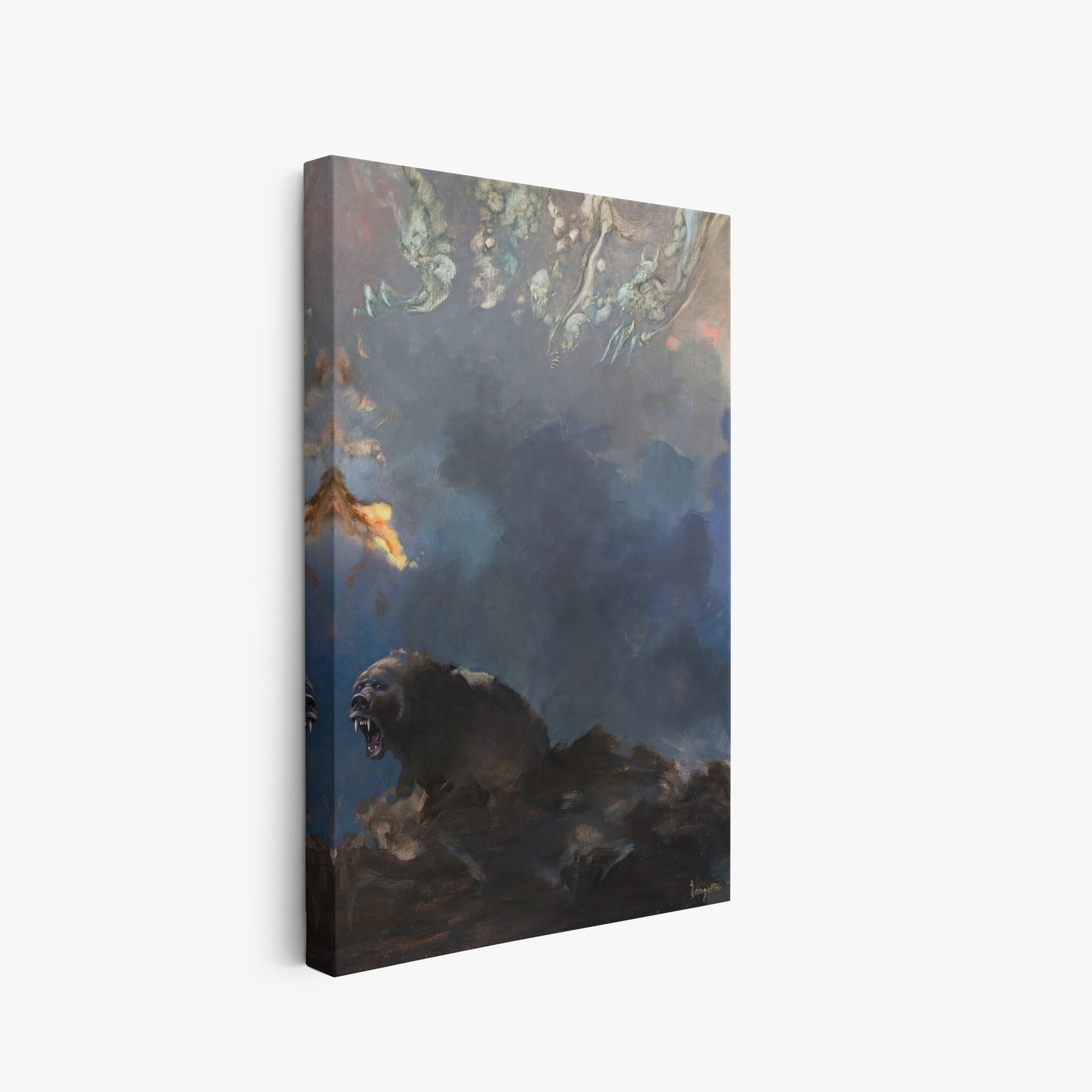 A canvas print of Frazetta’s Demons and Bear hung on a white wall, showcasing the artwork with mirror-wrapped edges for a seamless, dimensional look.