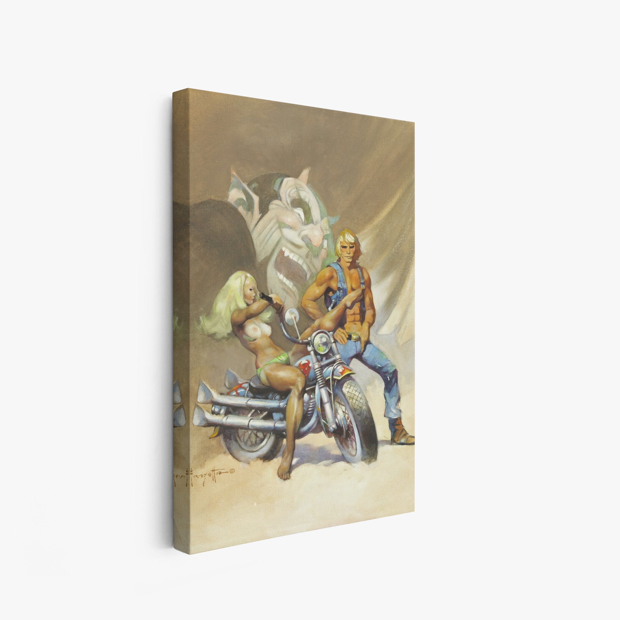 A canvas print of Frazetta’s Devil Rider hung on a white wall, showcasing the artwork with mirror-wrapped edges for a seamless, dimensional look.