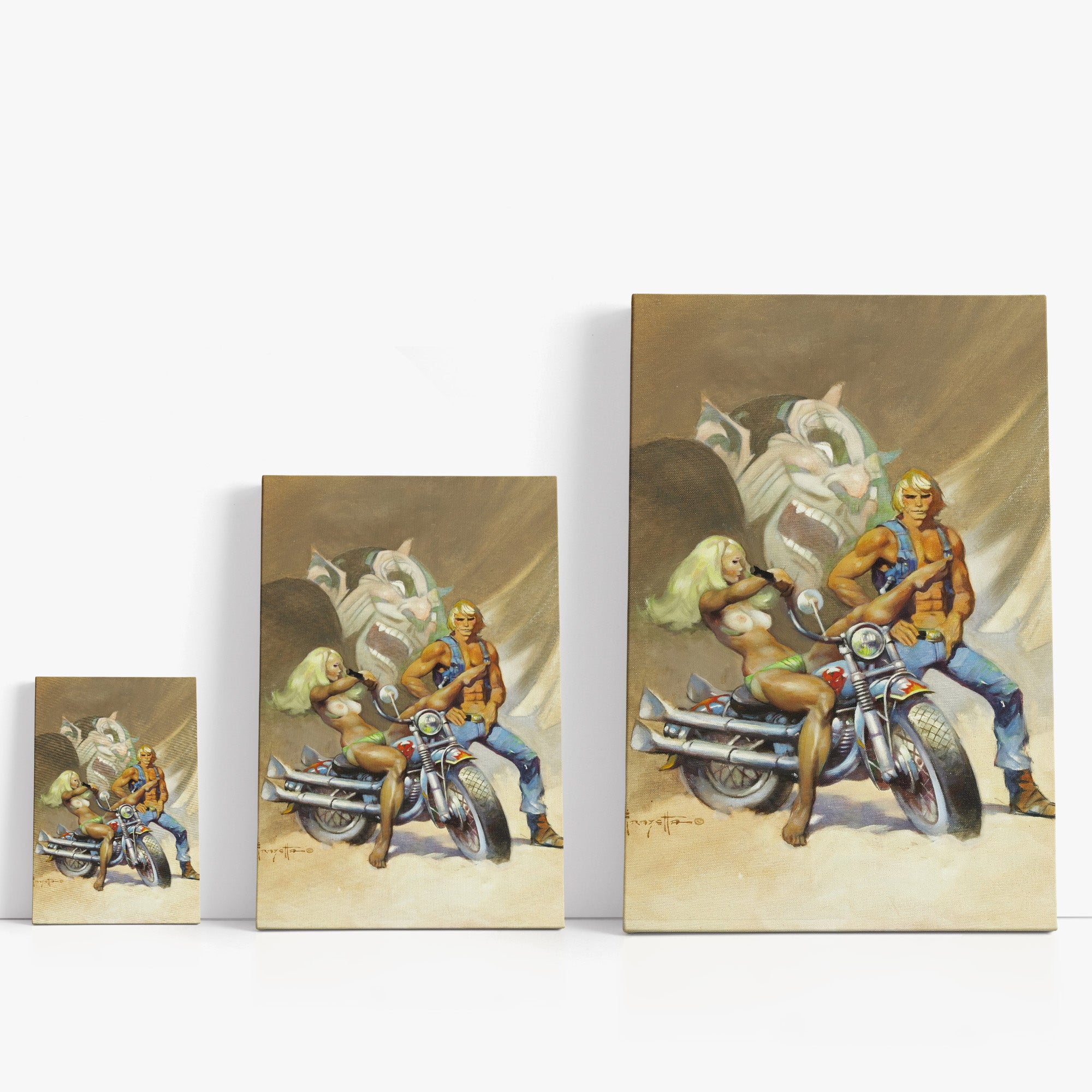 Three wrap-around canvas prints of Frazetta’s Devil Rider in different sizes, showcasing the artwork with mirror-wrapped edges for a seamless, dimensional look.