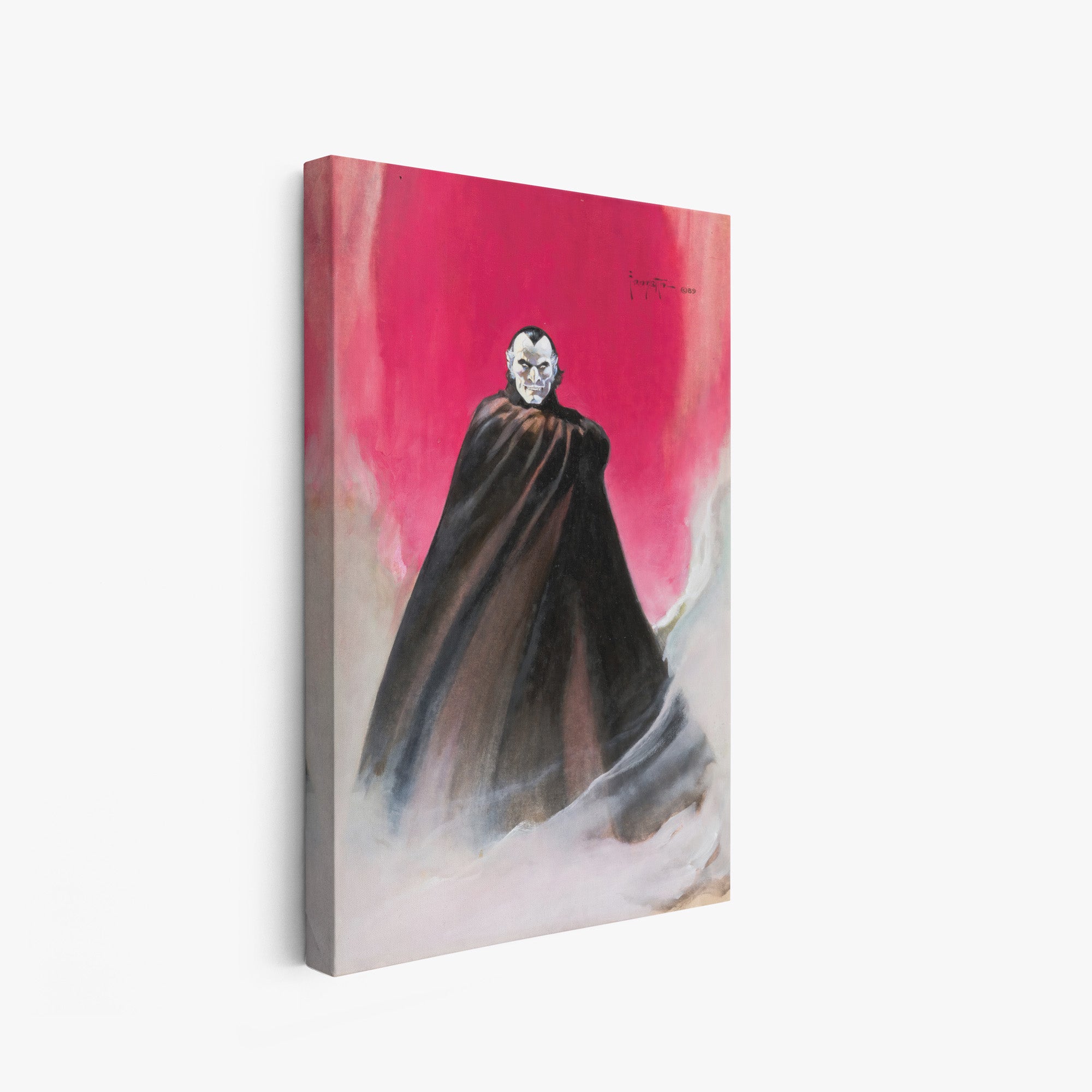 A canvas print of Frazetta’s Dracula hung on a white wall, showcasing the artwork with mirror-wrapped edges for a seamless, dimensional look.