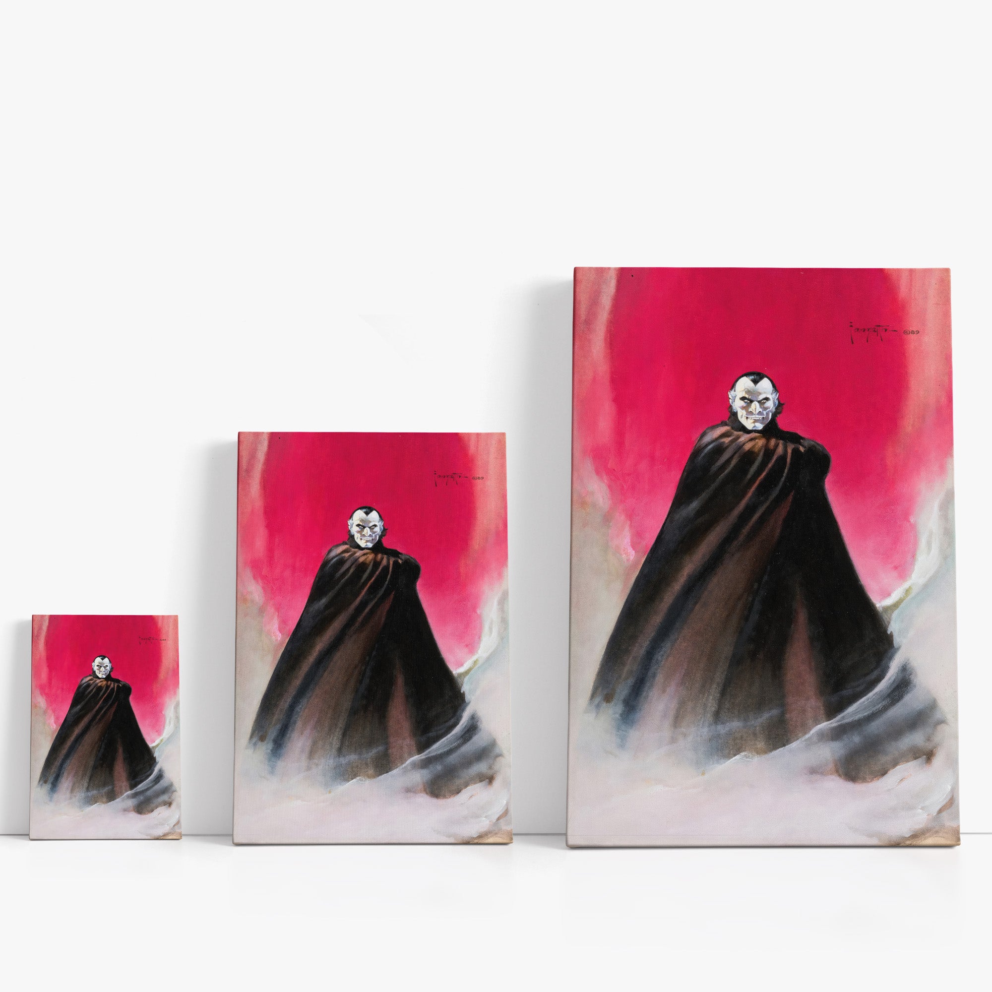 Three wrap-around canvas prints of Frazetta’s Dracula in different sizes, showcasing the artwork with mirror-wrapped edges for a seamless, dimensional look.