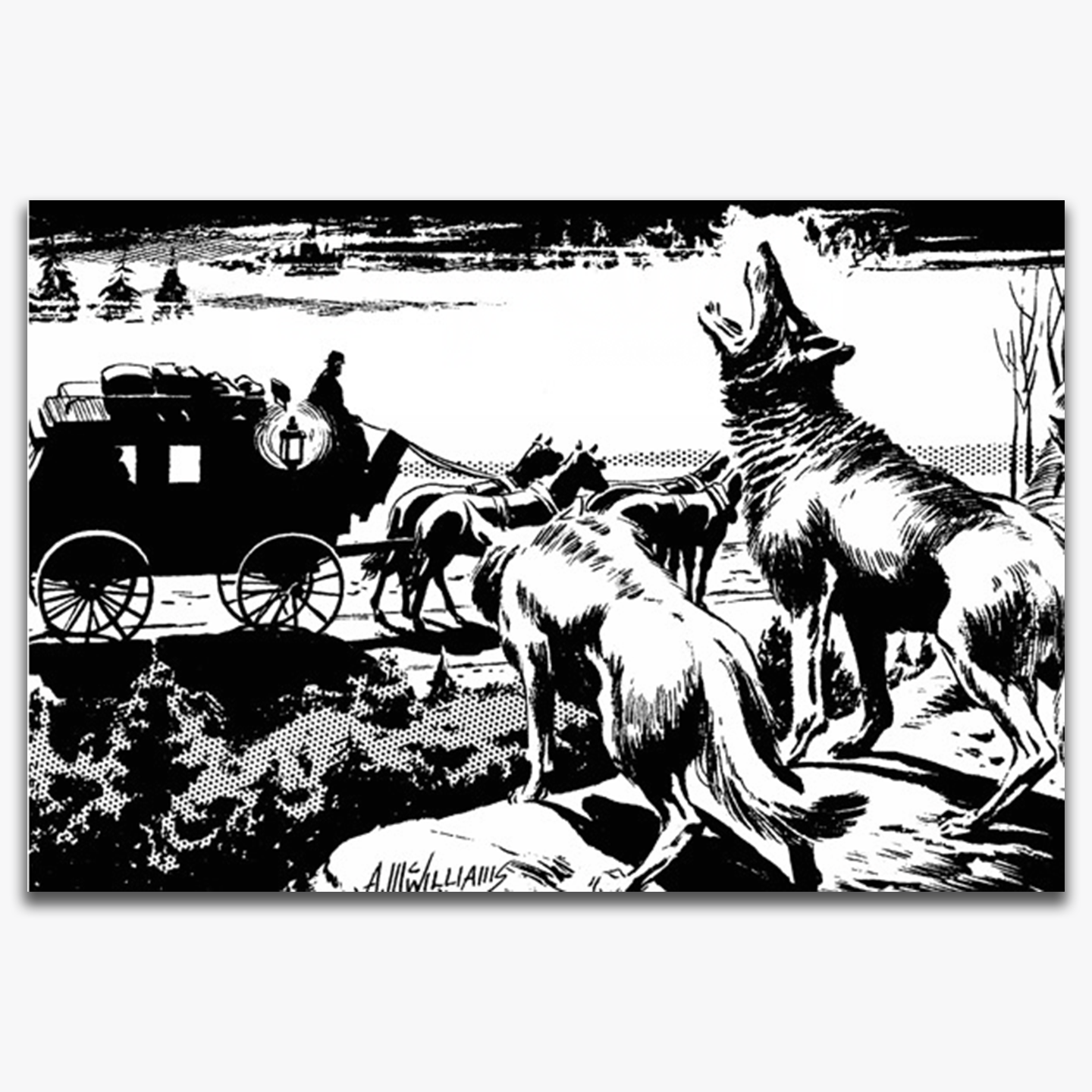 A black-and-white illustration depicting a pair of wolves howling at the moon near a horse-drawn carriage traveling through a snowy landscape. The scene evokes a sense of eerie anticipation, fitting the dark, gothic atmosphere of the Dracula story. The artist’s signature, "A. McWilliams," is visible at the bottom.