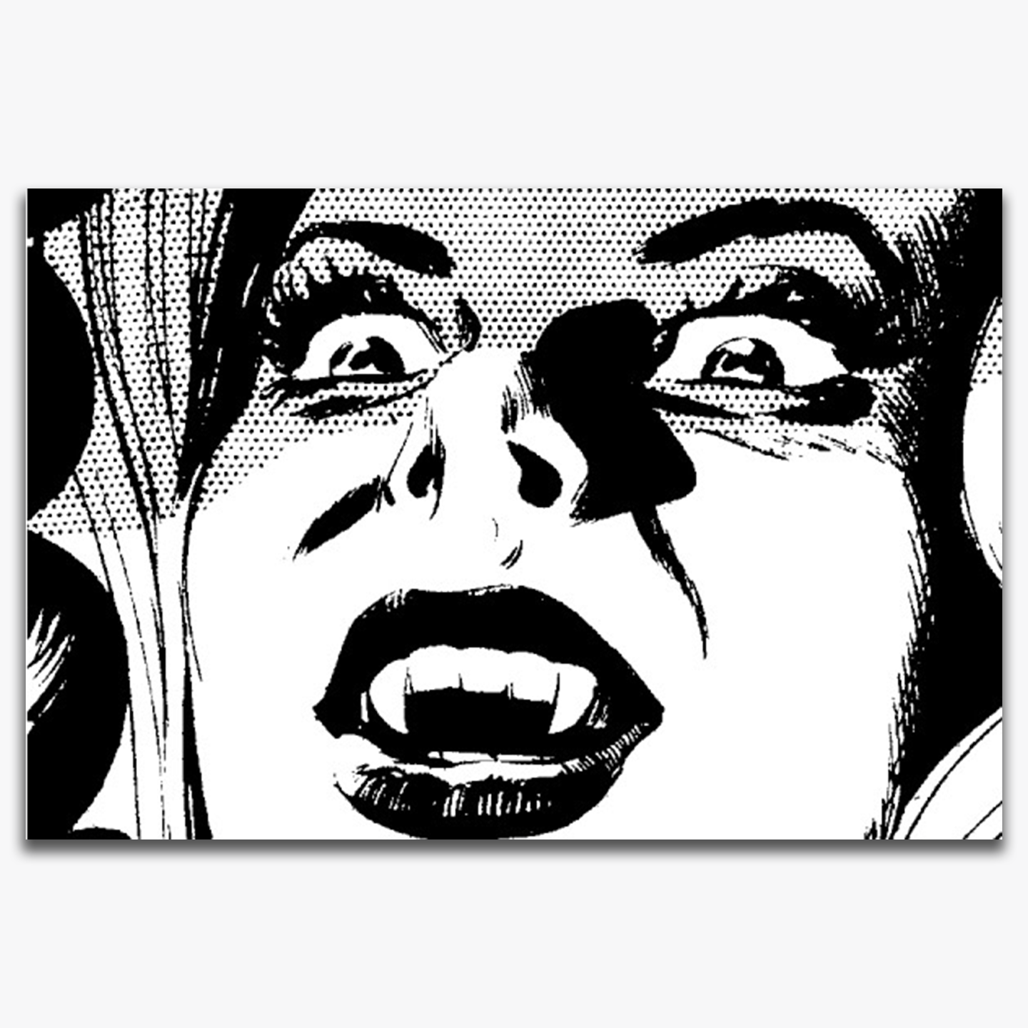 A close-up black-and-white comic illustration of a woman with wide, terrified eyes, showing her fangs in a scream. The image conveys a sense of horror and urgency, capturing the dramatic moment in the Dracula graphic novel. The bold lines and detailed expression emphasize the intensity of the scene.