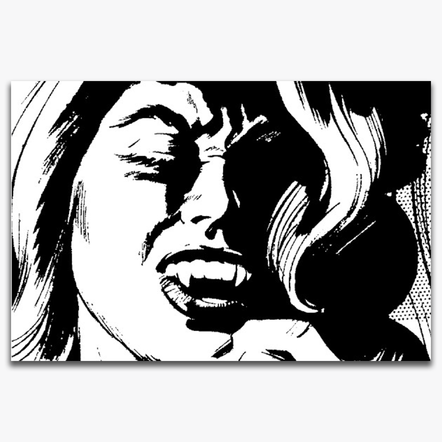 A dramatic black-and-white comic illustration showing a woman in a moment of intense agony, with her mouth open in a scream and sharp fangs visible. The image is filled with bold contrasts, emphasizing the terror and emotion of the scene.