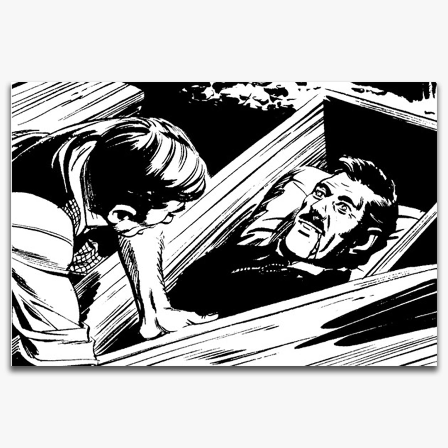 A black-and-white illustration from Dracula, showing a character examining a coffin with the body of Dracula inside. The vampire appears to be lifeless but has blood dripping from his mouth, indicating his supernatural nature. The scene captures the eerie tension of the moment.