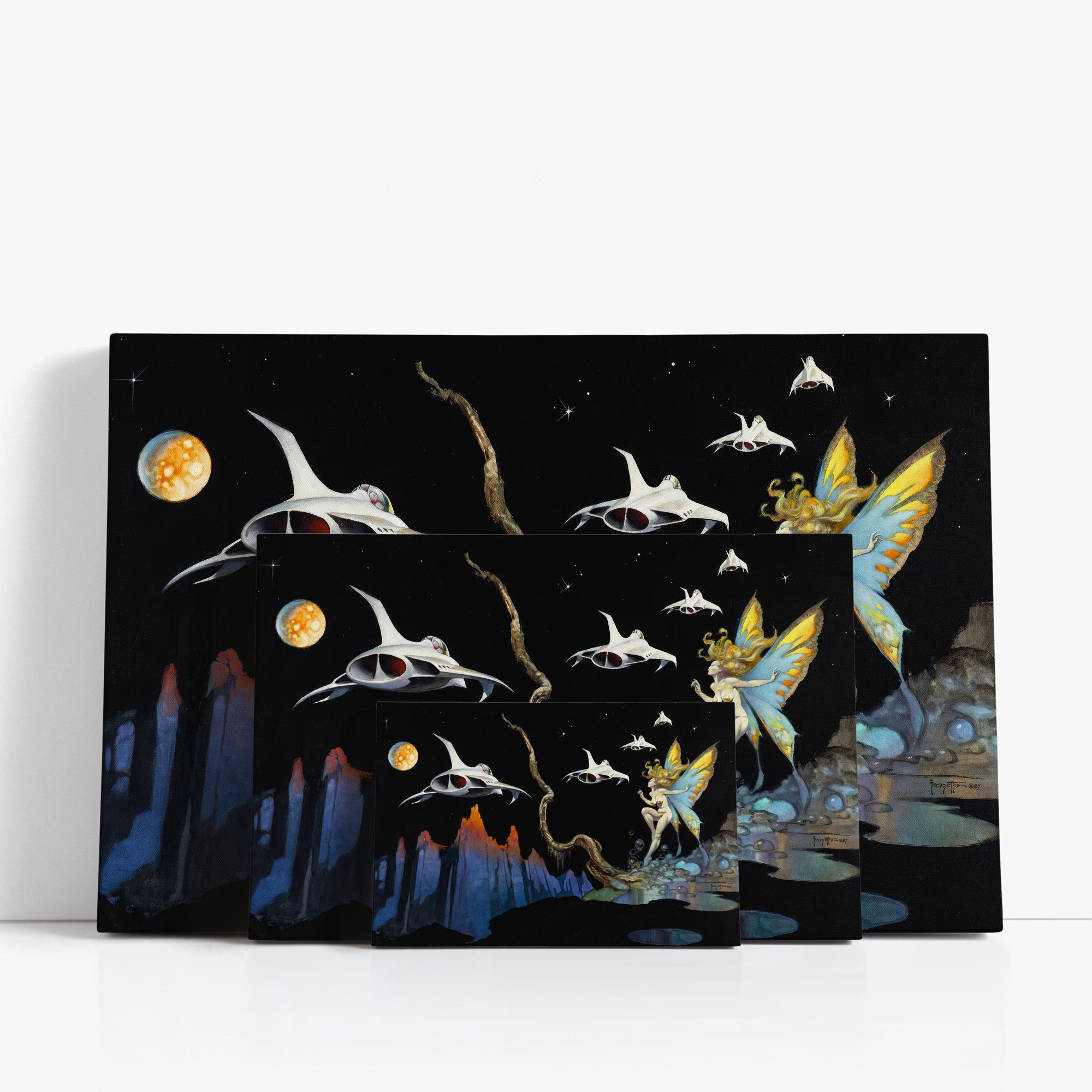 Three wrap-around canvas prints of Frazetta’s Dream Flight in different sizes, showcasing the artwork with mirror-wrapped edges for a seamless, dimensional look.