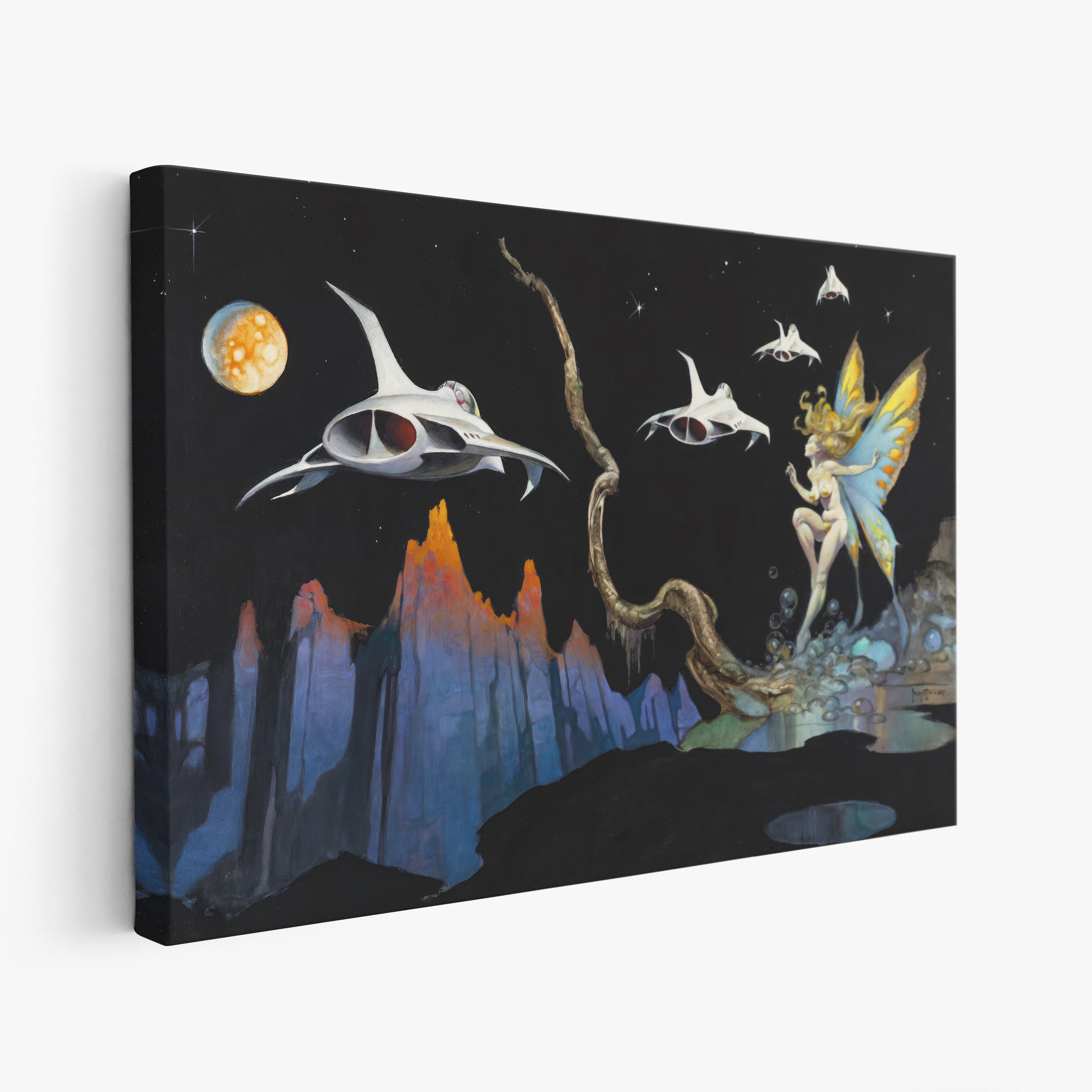 A canvas print of Frazetta’s Dream Flight hung on a white wall, showcasing the artwork with mirror-wrapped edges for a seamless, dimensional look.