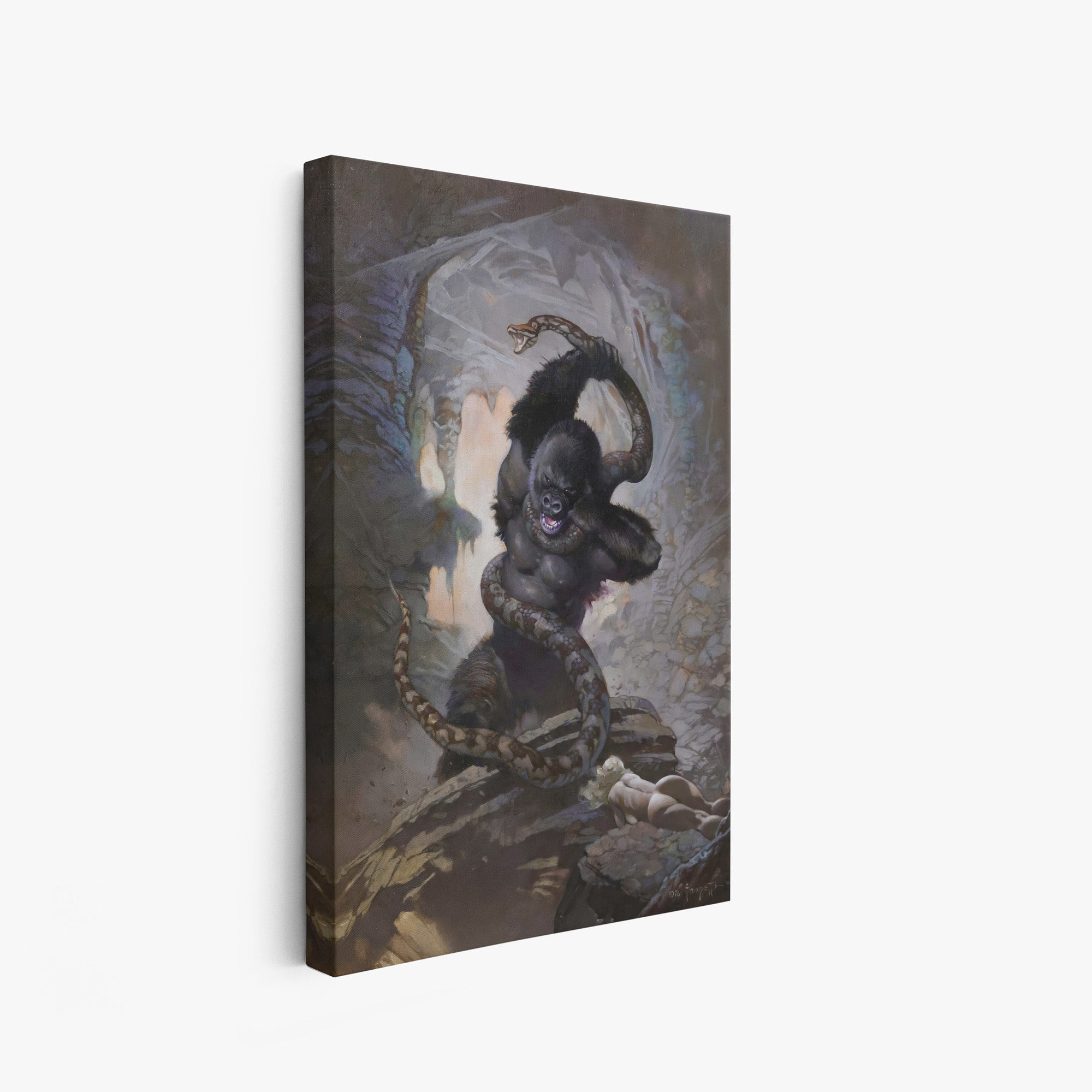A canvas print of Frazetta’s Eighth Wonder hung on a white wall, showcasing the artwork with mirror-wrapped edges for a seamless, dimensional look.