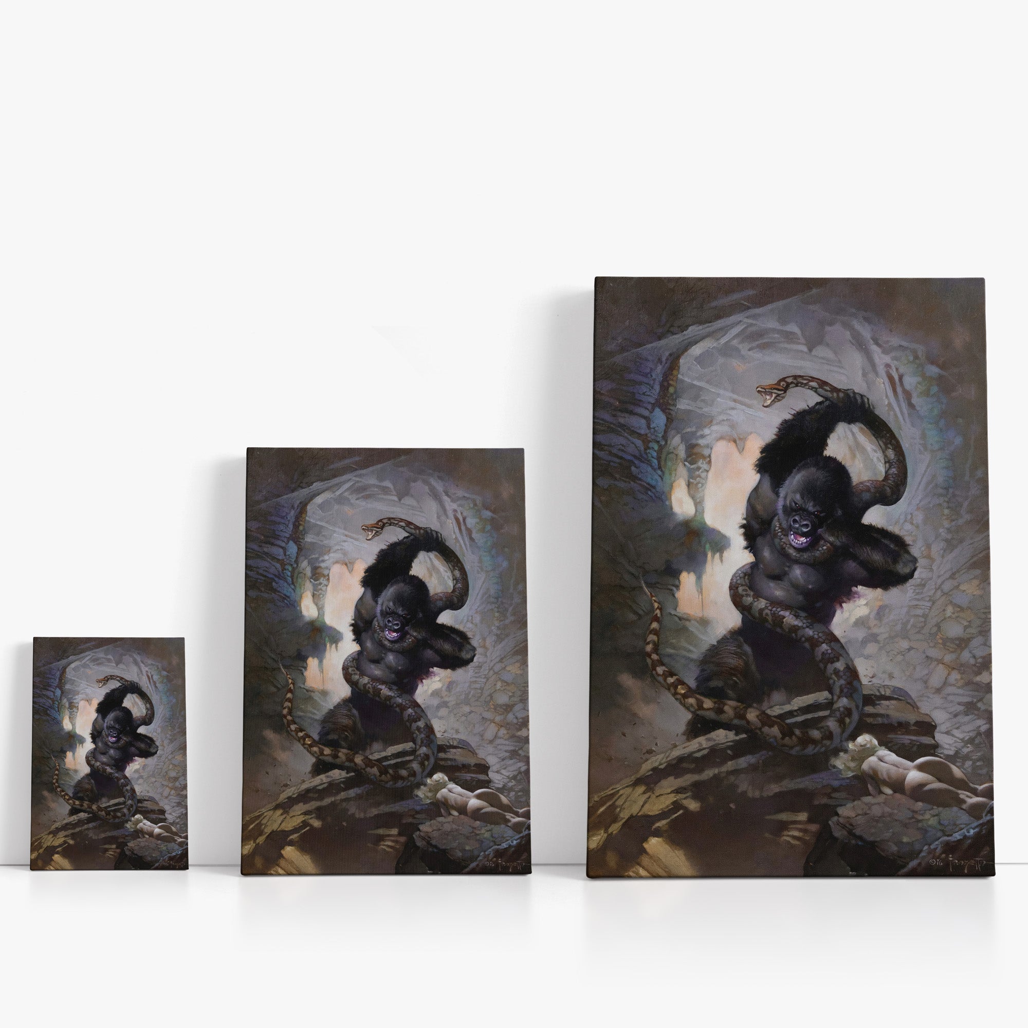 Three wrap-around canvas prints of Frazetta’s Eighth Wonder in different sizes, showcasing the artwork with mirror-wrapped edges for a seamless, dimensional look.