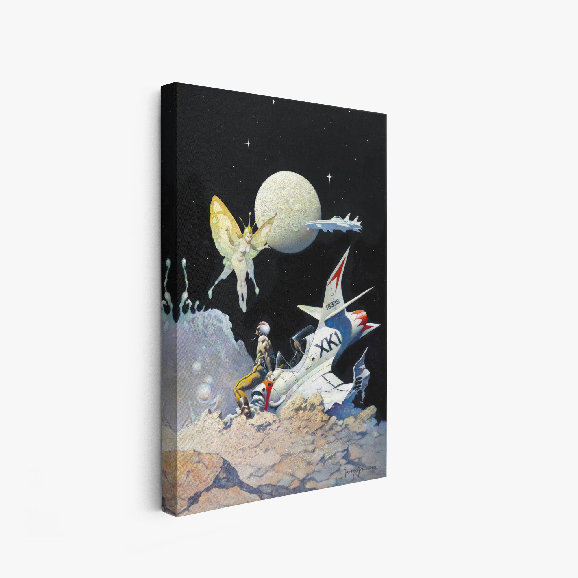 A canvas print of Frazetta’s Encounter hung on a white wall, showcasing the artwork with mirror-wrapped edges for a seamless, dimensional look.