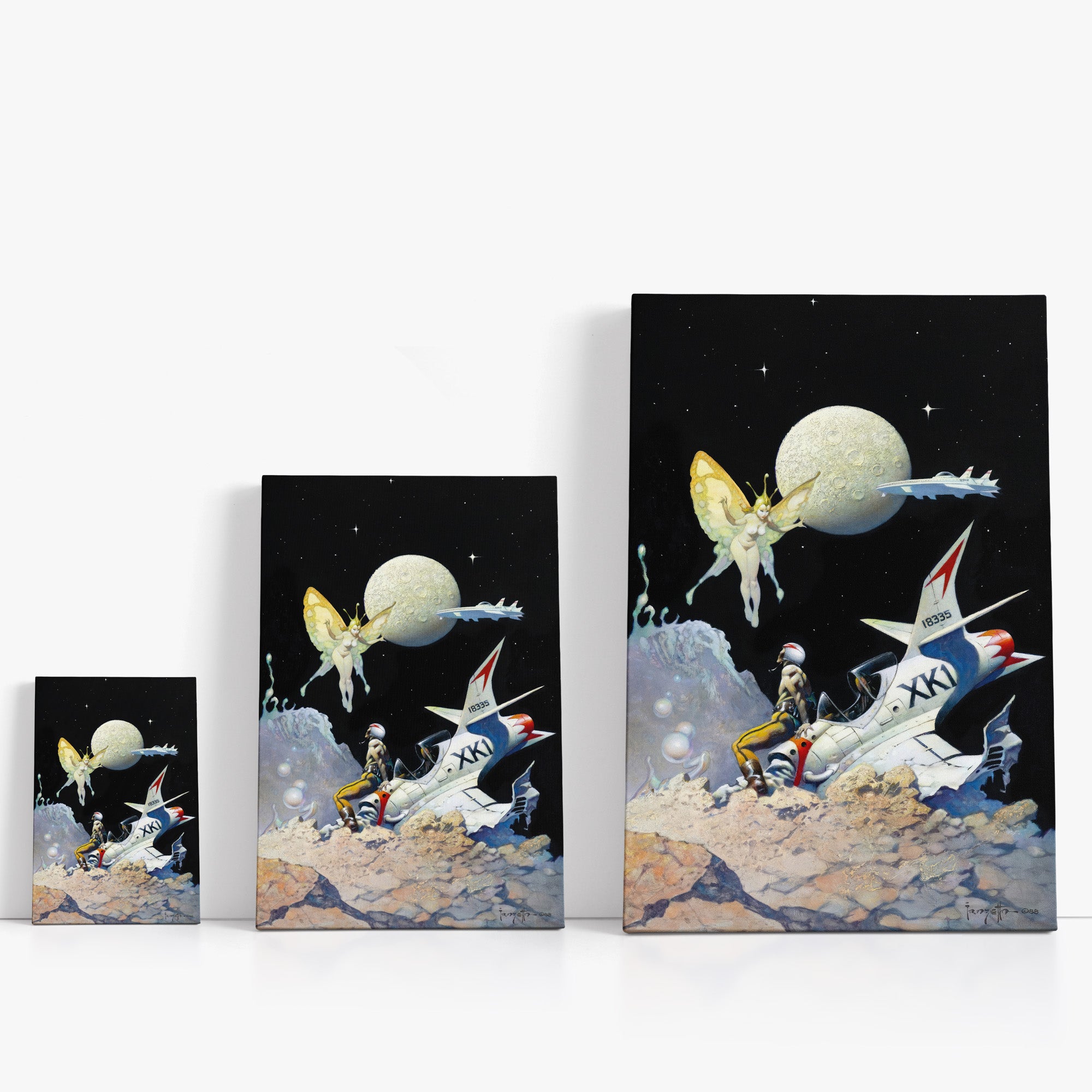 Three wrap-around canvas prints of Frazetta’s Encounter in different sizes, showcasing the artwork with mirror-wrapped edges for a seamless, dimensional look.