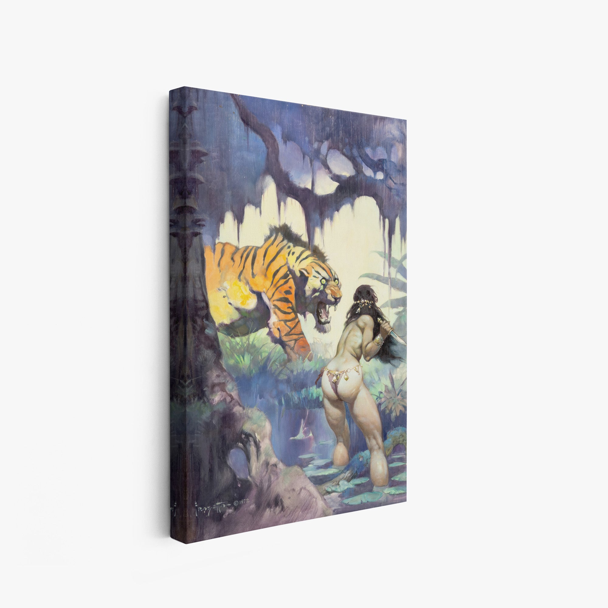 A canvas print of Frazetta’s Escape on Venus hung on a white wall, showcasing the artwork with mirror-wrapped edges for a seamless, dimensional look.