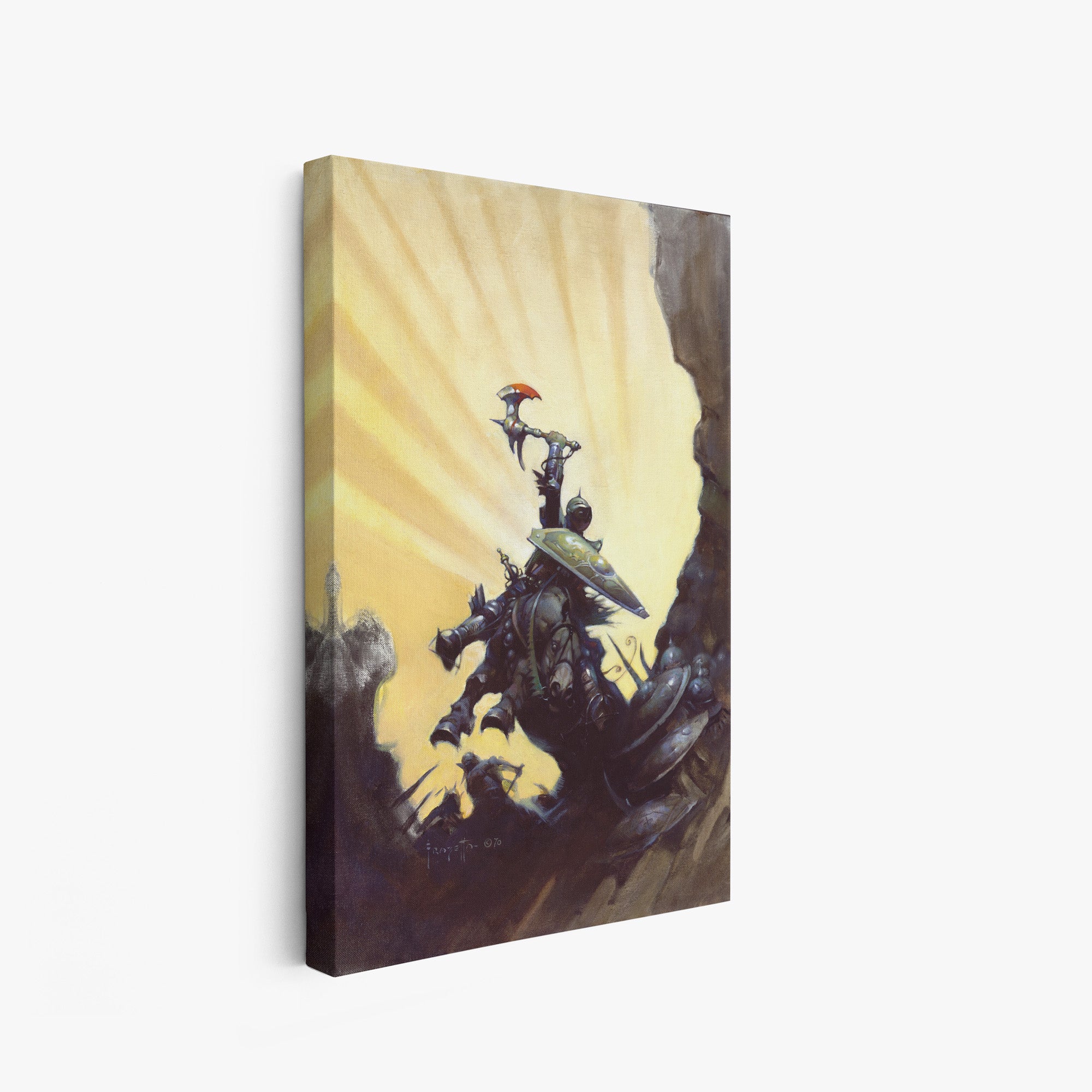 A canvas print of Frazetta’s Eternal Champion hung on a white wall, showcasing the artwork with mirror-wrapped edges for a seamless, dimensional look.