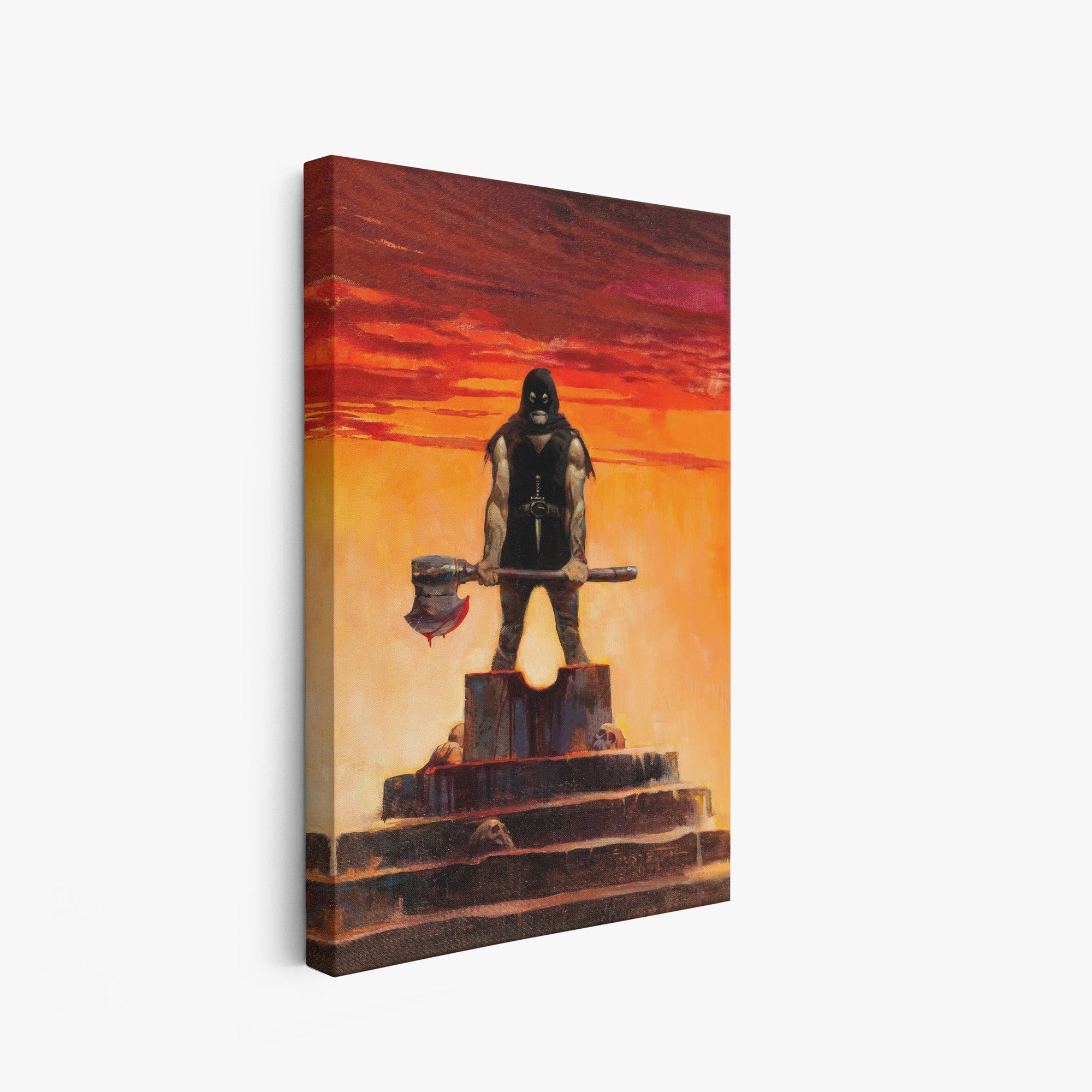 A canvas print of Frazetta’s Atlantis hung on a white wall, showcasing the artwork with mirror-wrapped edges for a seamless, dimensional look.