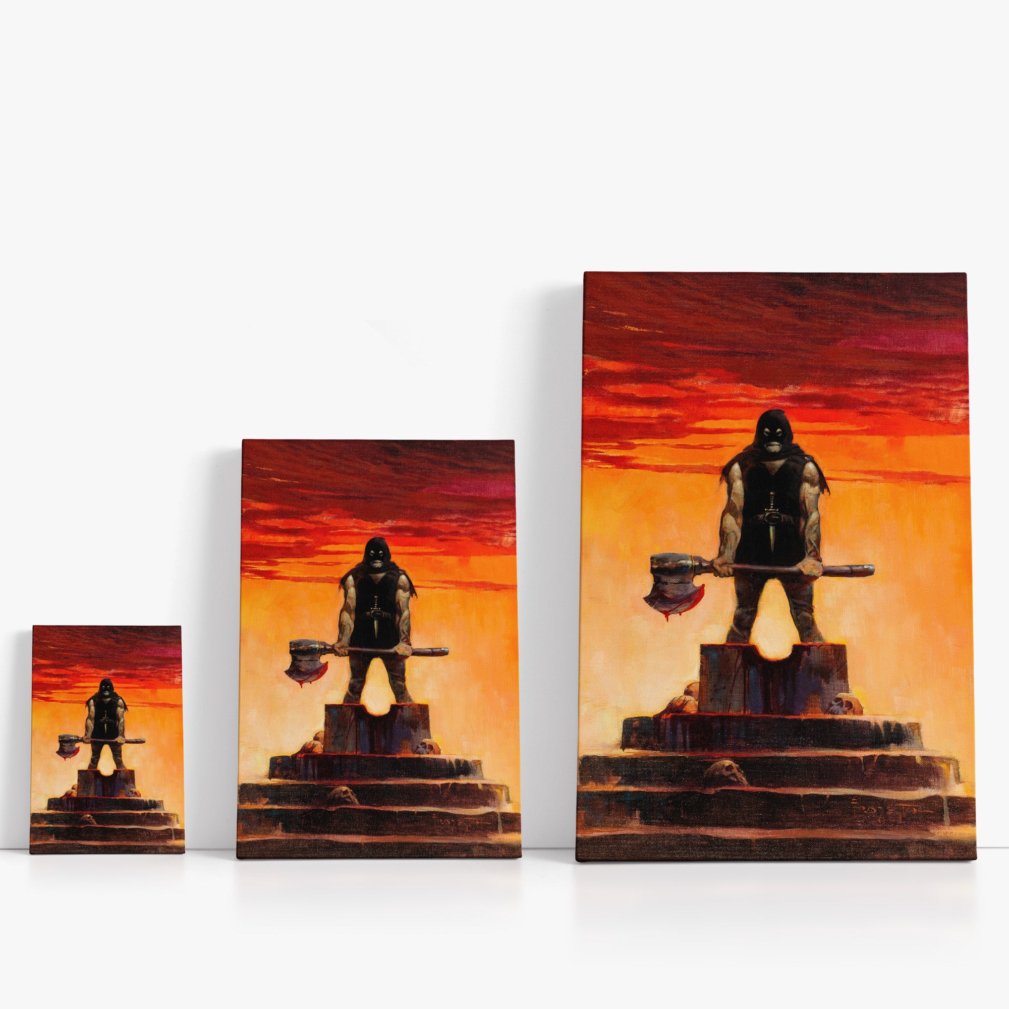 Three wrap-around canvas prints of Frazetta’s Executioner in different sizes, showcasing the artwork with mirror-wrapped edges for a seamless, dimensional look.